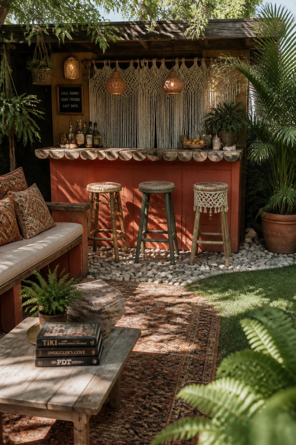 An outdoor bar built with wood and painted red, set on gravel with three stools, hanging macrame, and surrounding plants.