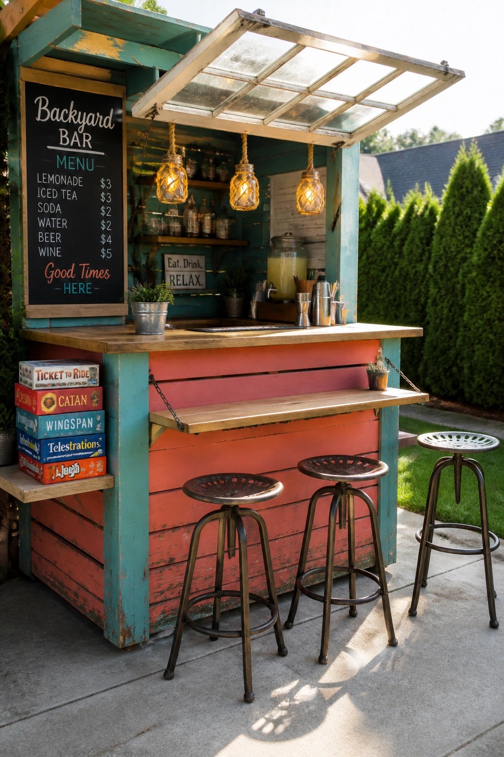 Colorful backyard bar with chalkboard menu, three stools, and hanging lights