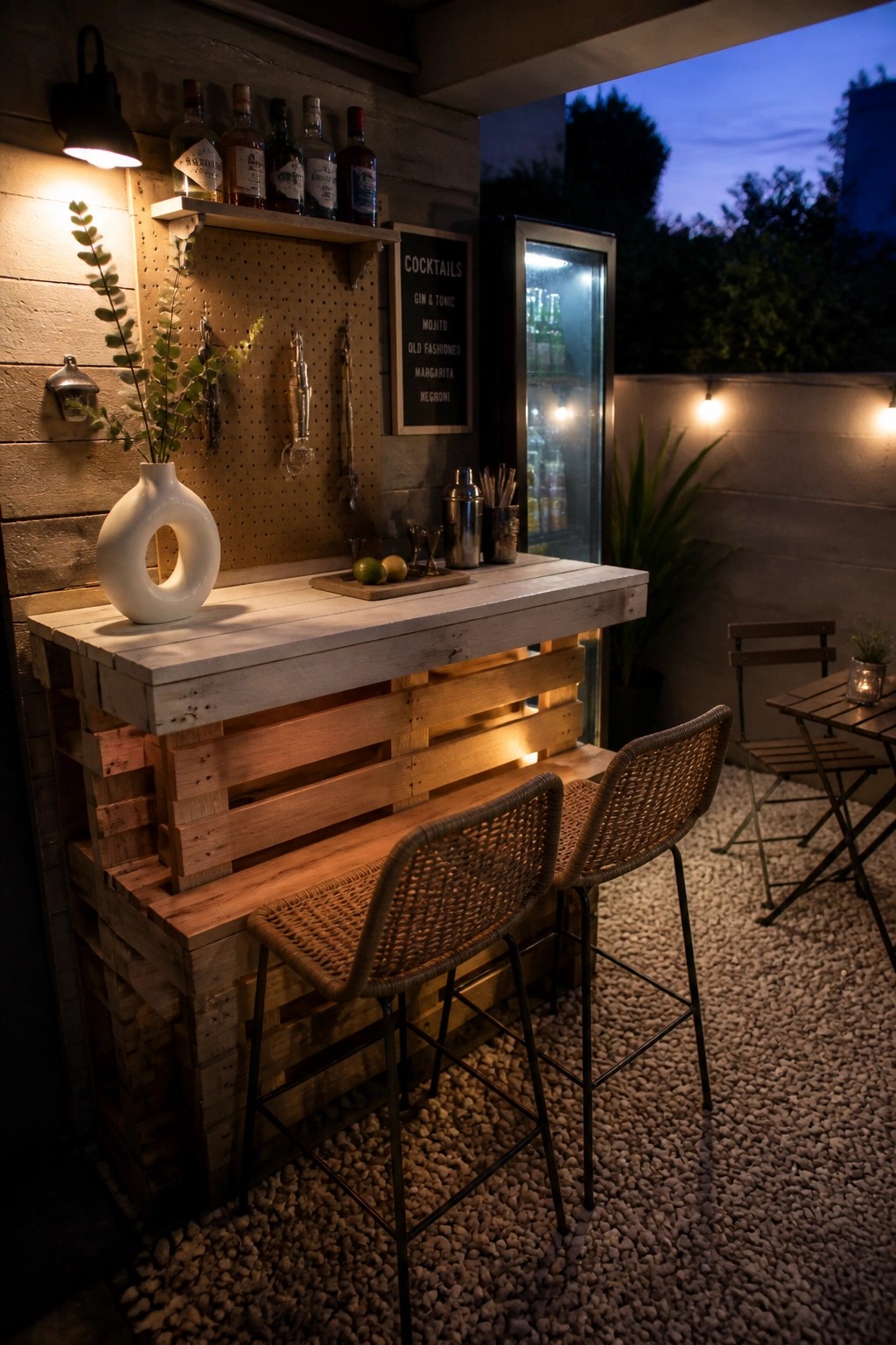 An outdoor bar built from stacked wooden pallets with two woven bar stools in front, a white vase on the counter, and bottles on a shelf above.