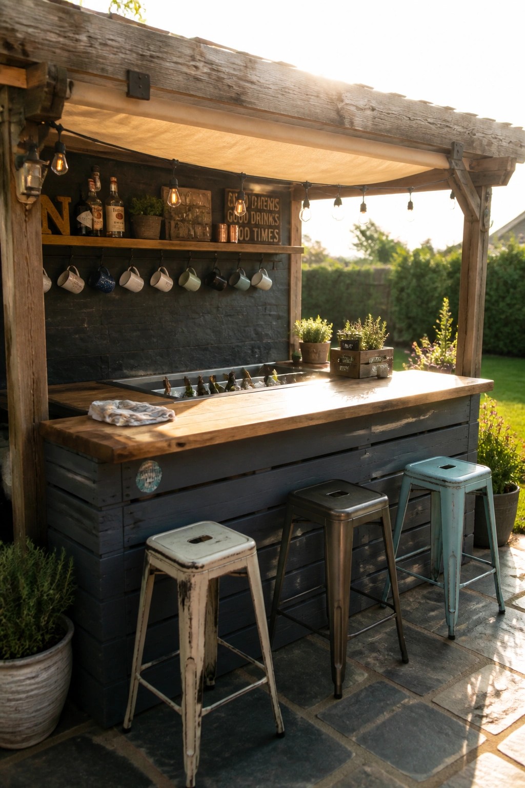 Outdoor bar made from stacked wooden pallets with a wooden top, a long ice trough set into the counter, metal stools in front, and string lights overhead.