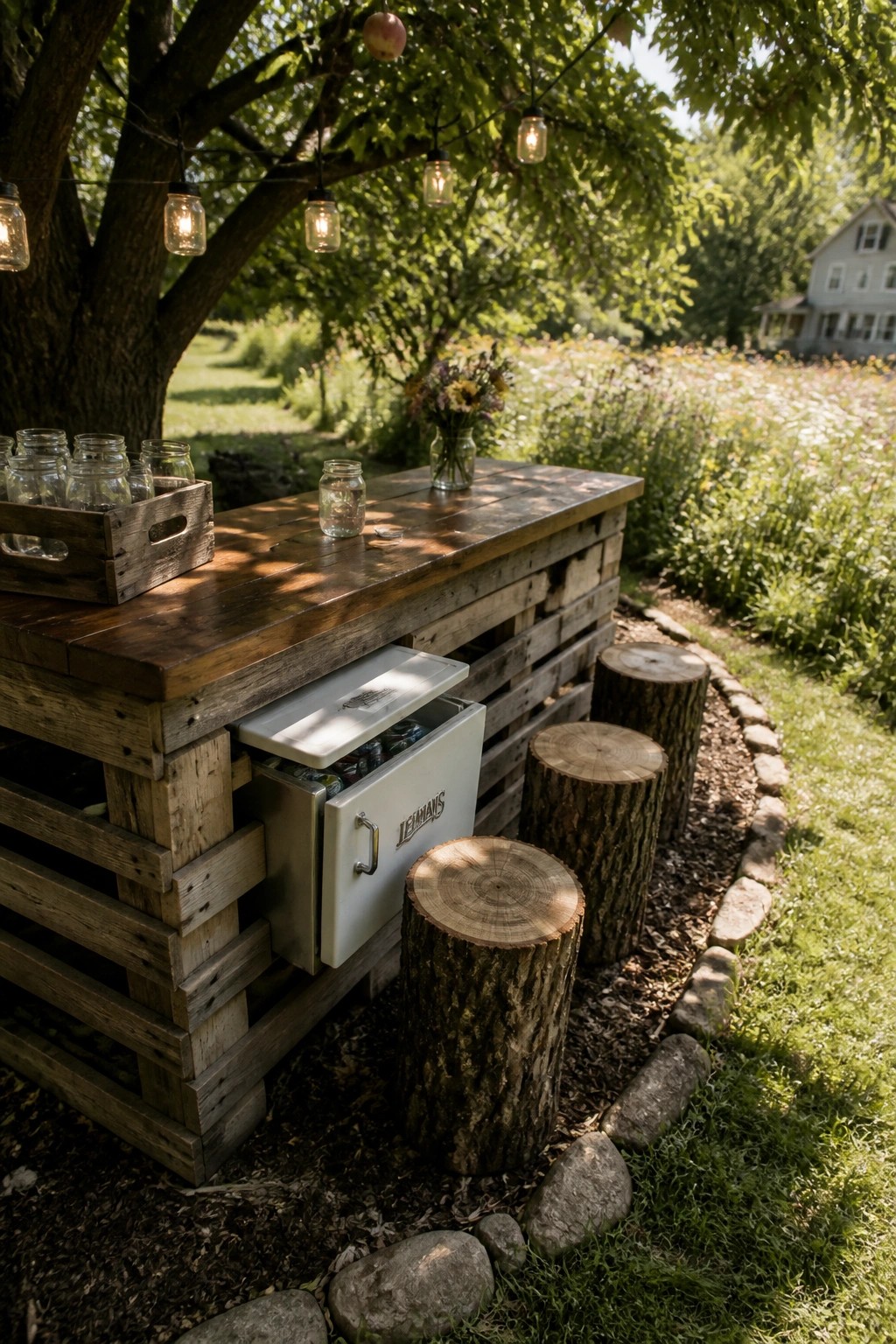 Outdoor bar made of wooden pallets with an open white refrigerator drawer, tree stump stools, and string lights hanging above in a garden.
