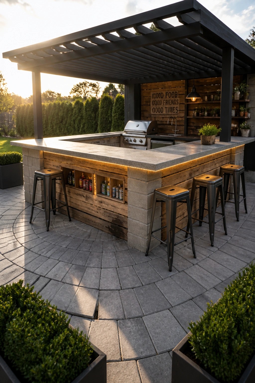 An outdoor pallet bar with recessed bottle cubbies, concrete countertop, metal stools, and a grill under a dark pergola on a stone patio.