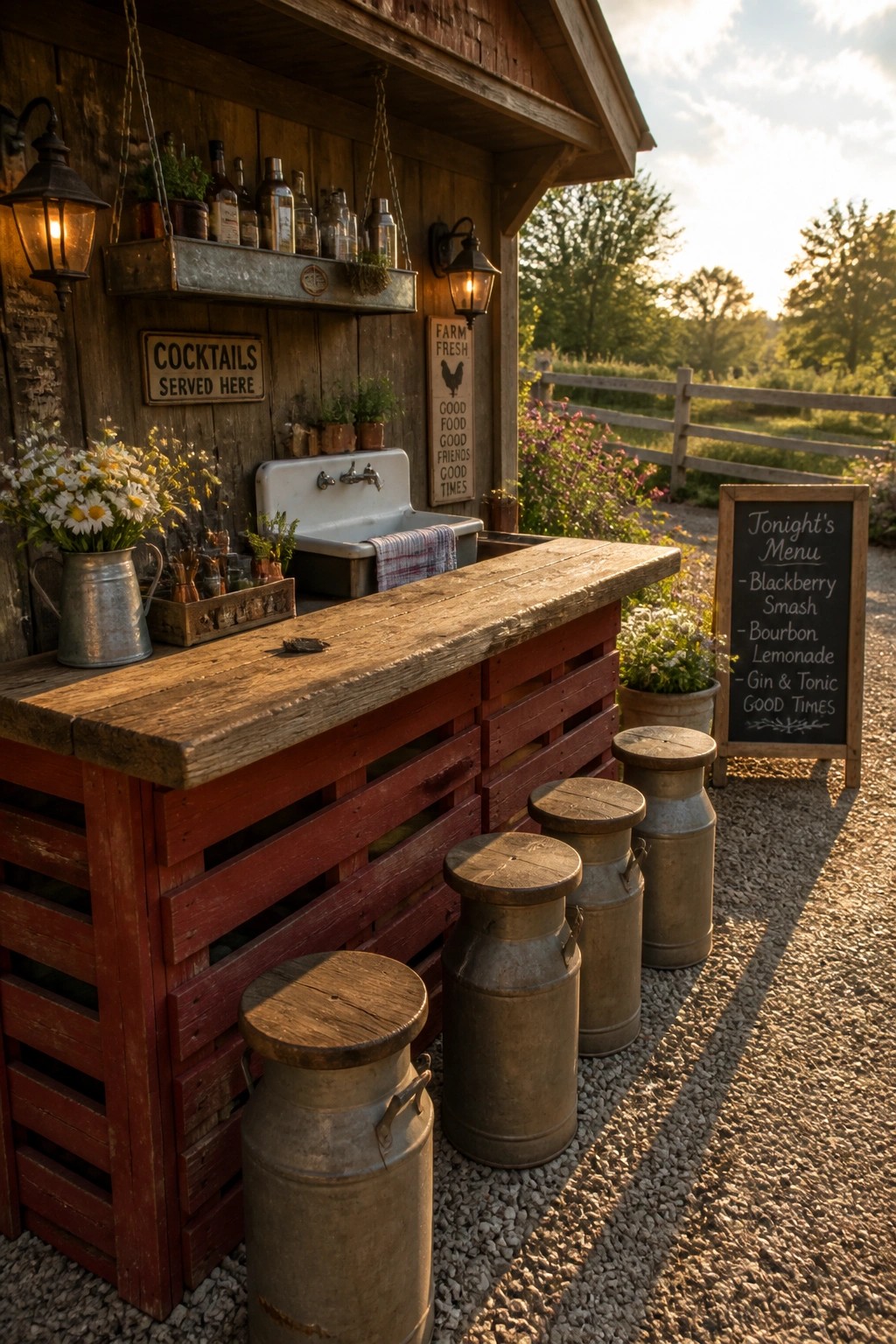 A rustic outdoor bar built from red wooden pallets with a wooden countertop, a white sink, metal milk cans as stools, and bottles on shelves above.