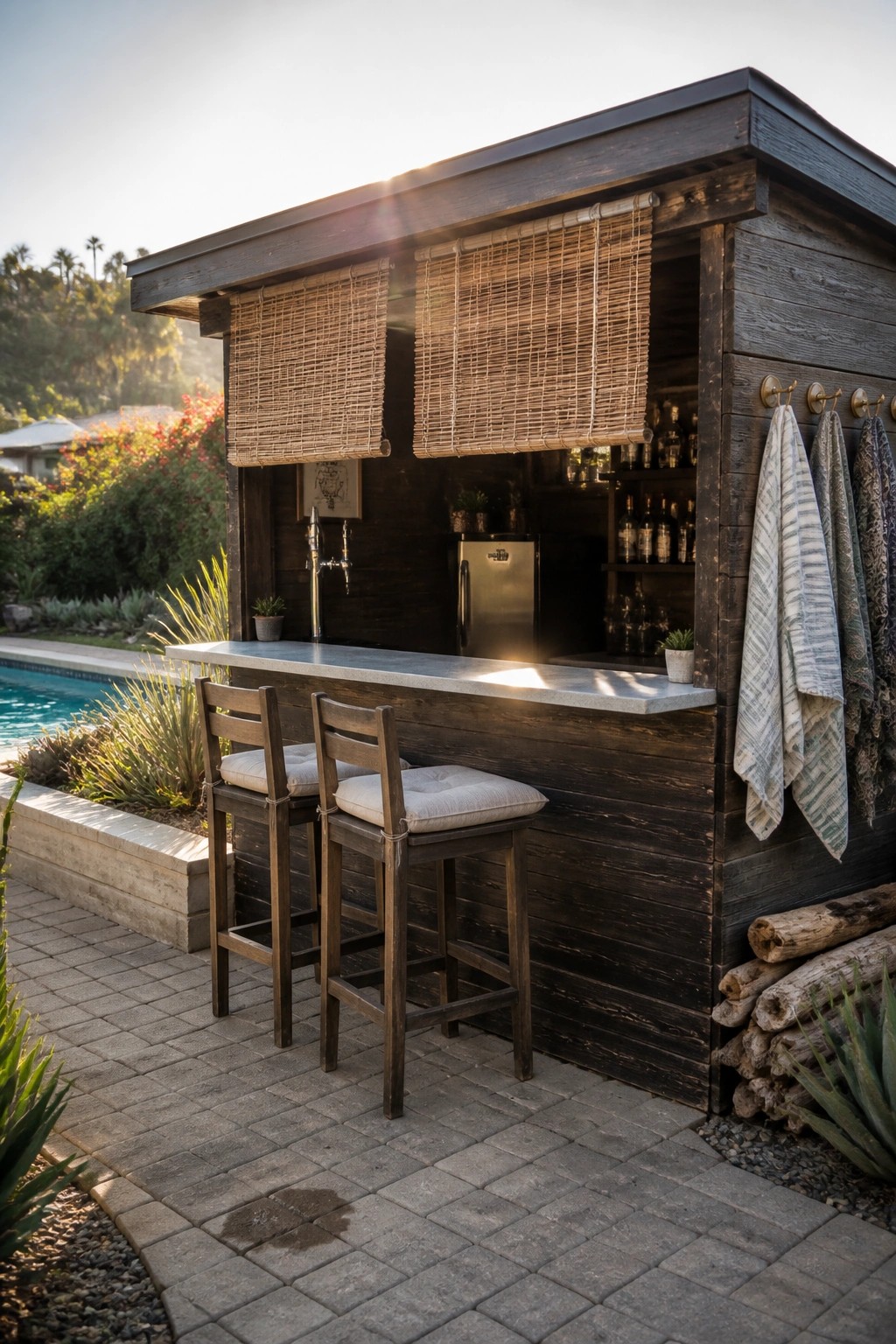 Outdoor bar built from dark wood with two stools at the counter, positioned beside a swimming pool in a backyard setting.