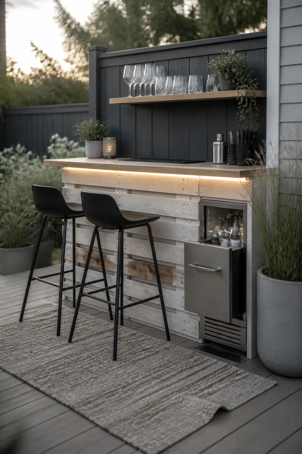 An outdoor bar made from pallet wood on a deck, with two black stools, a built-in mini fridge, and a shelf holding glasses above the counter.