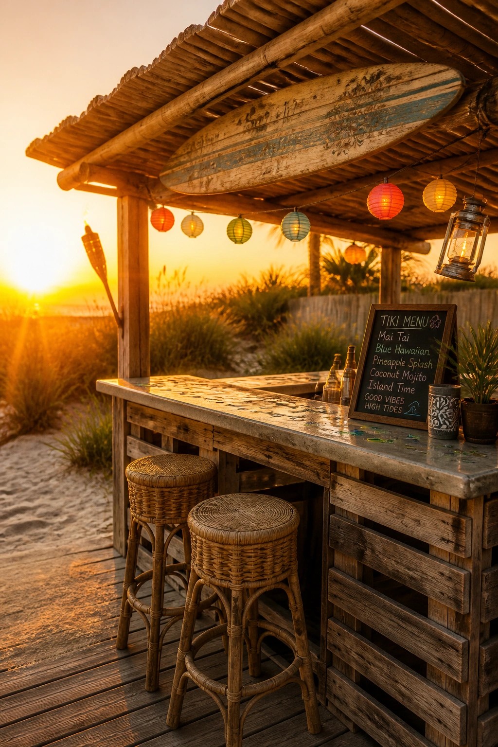 An outdoor bar built from reclaimed wood pallets on a deck, with two woven stools, a surfboard mounted overhead, and string lights at sunset.