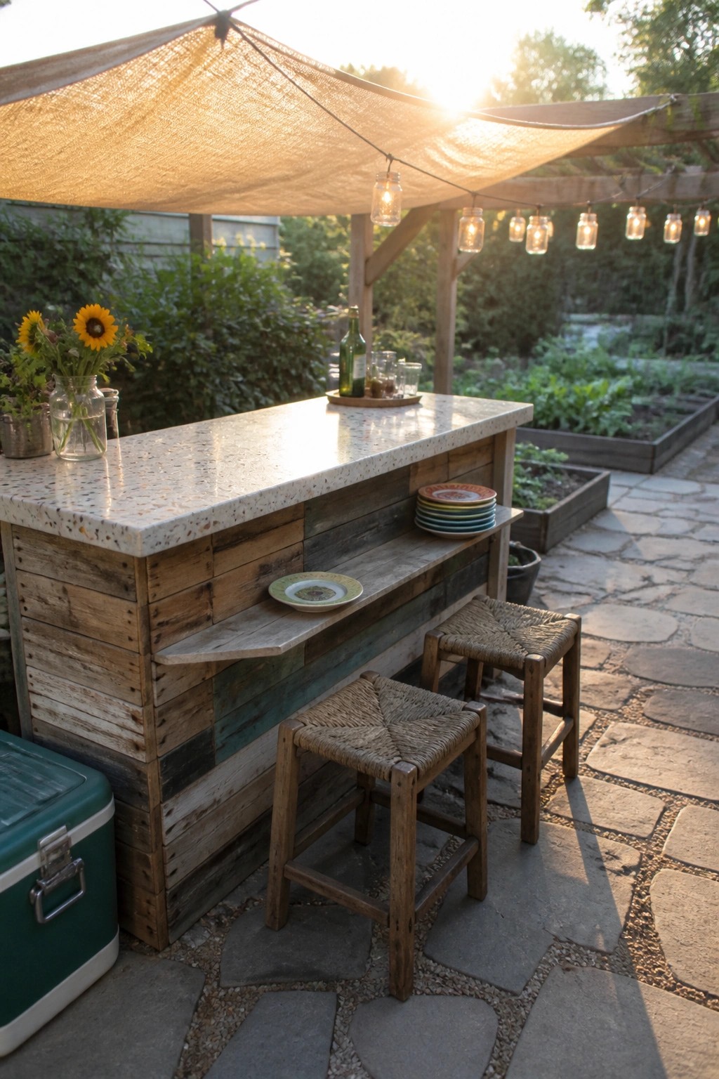 An outdoor bar built from reclaimed wooden pallets with a speckled countertop, two woven stools, string lights, and a garden background.