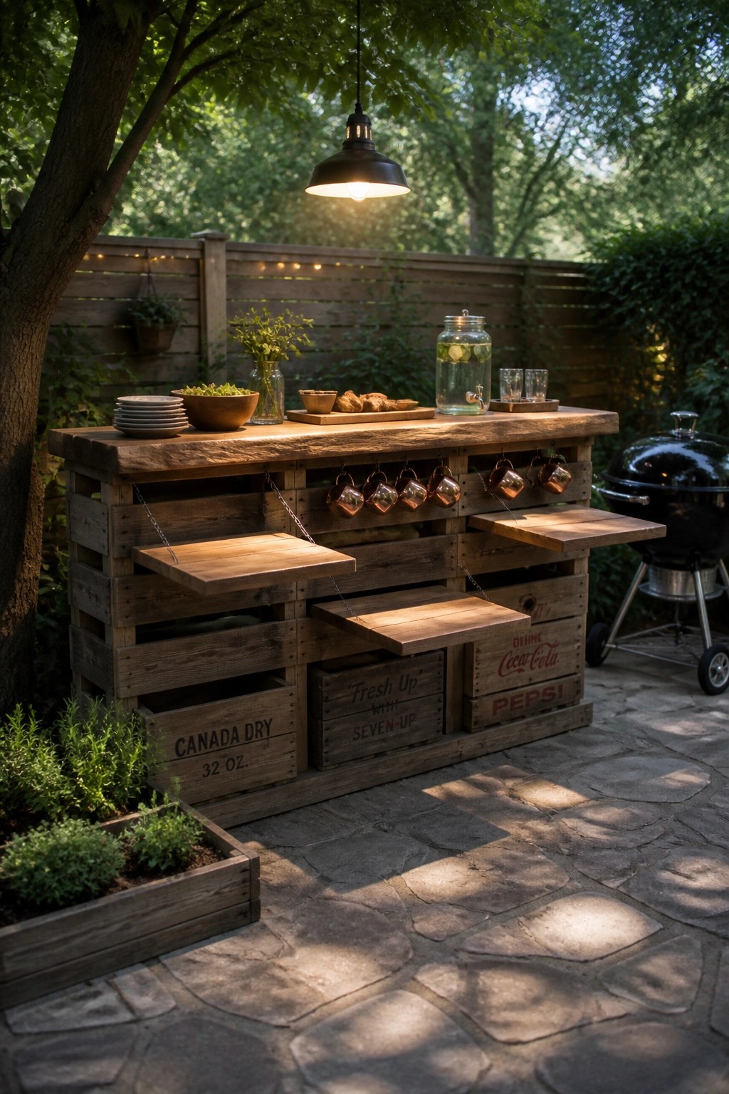 Wooden pallet bar with fold-down shelves, hanging copper mugs, and old soda crates on a stone patio beside a grill.