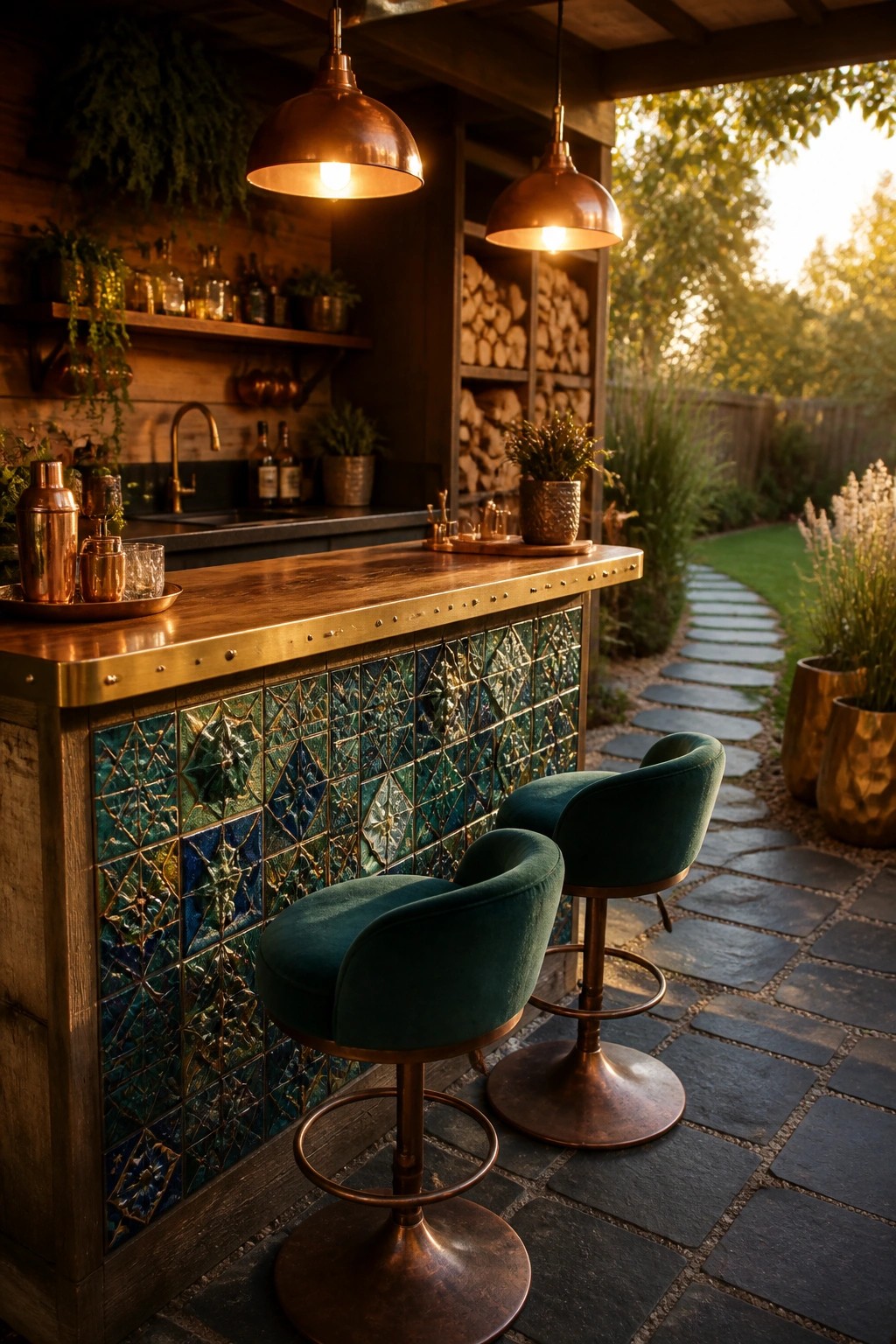 Outdoor bar with a colorful mosaic tile front, copper countertop, and two teal velvet swivel stools on a stone patio.