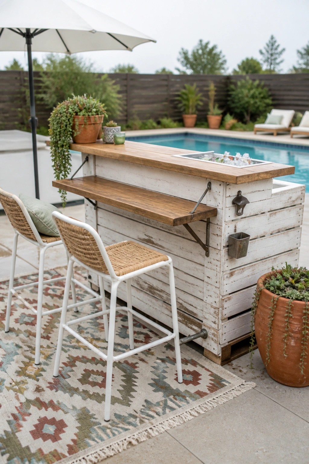 An outdoor bar built from whitewashed pallets with a wooden top, an ice bin set into the counter, and two woven stools placed on a patterned rug next to a pool.