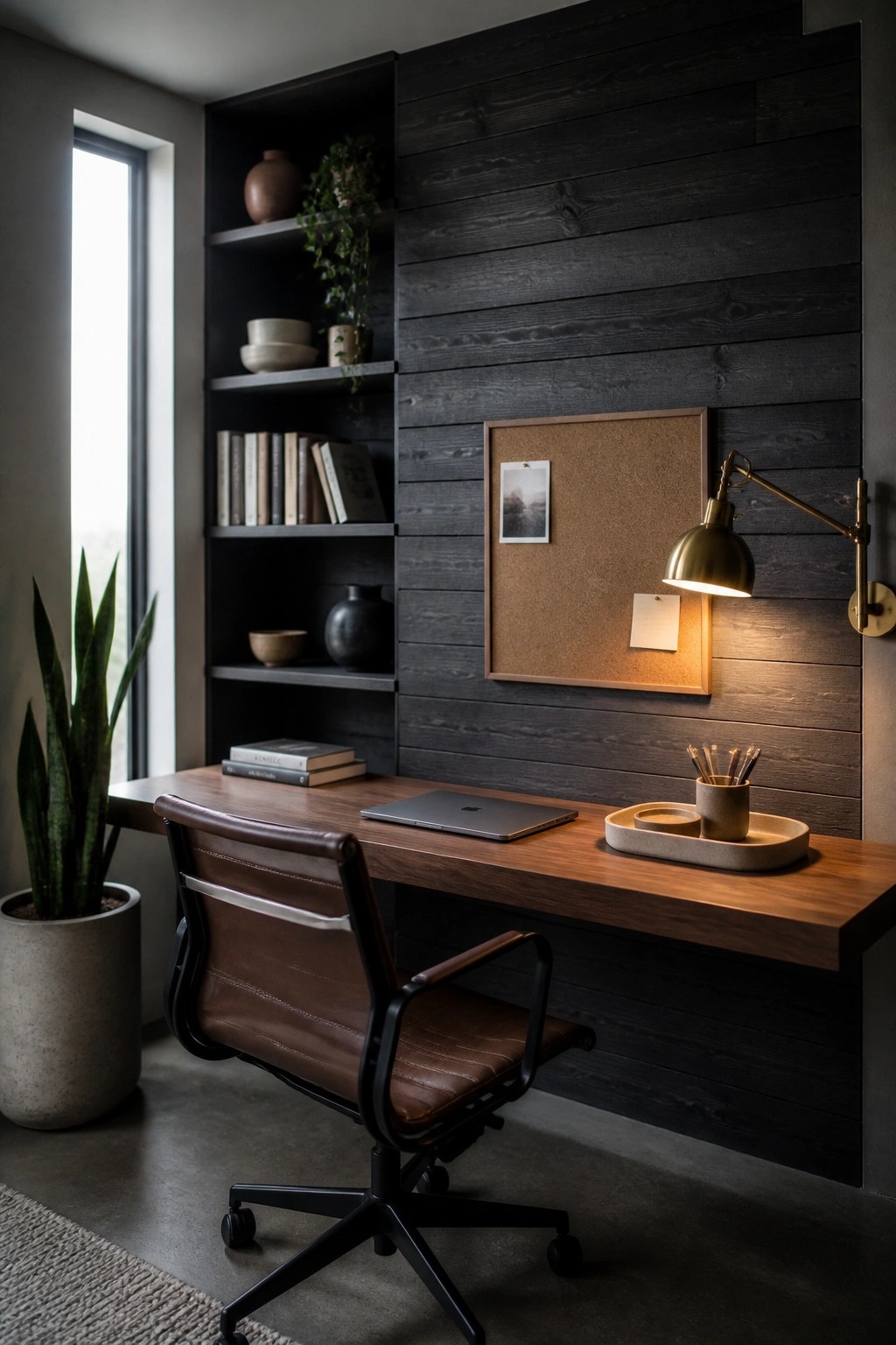 A home office with a wooden desk against a dark wood plank wall, a brown leather office chair, built-in shelves, and a corkboard with a brass wall lamp.