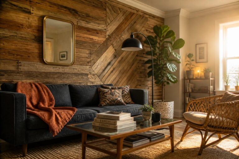 21 Bold Pallet Feature Wall Ideas That Turn Blank Walls Into Focal Points Living room with a dark sofa in front of a reclaimed wood pallet feature wall arranged in mixed horizontal and angled patterns.