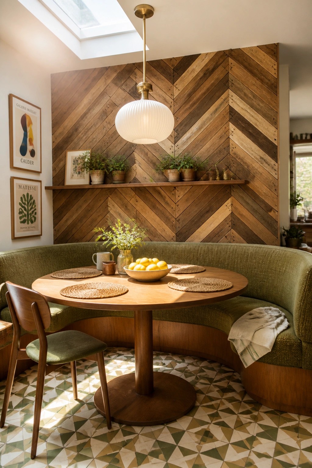A round wooden dining table sits in front of a large herringbone wood feature wall with a pendant light above and a green curved banquette along the sides.