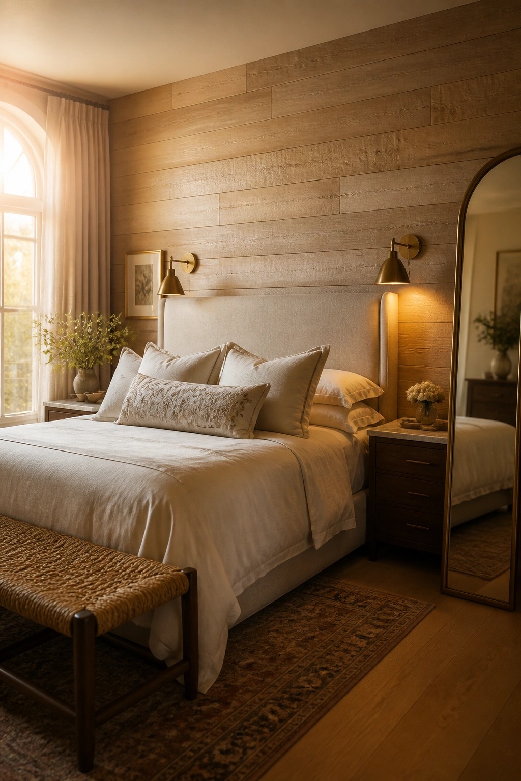 A bedroom with a light wood plank accent wall behind a bed dressed in white linens, flanked by wall sconces and a full-length mirror on the right.