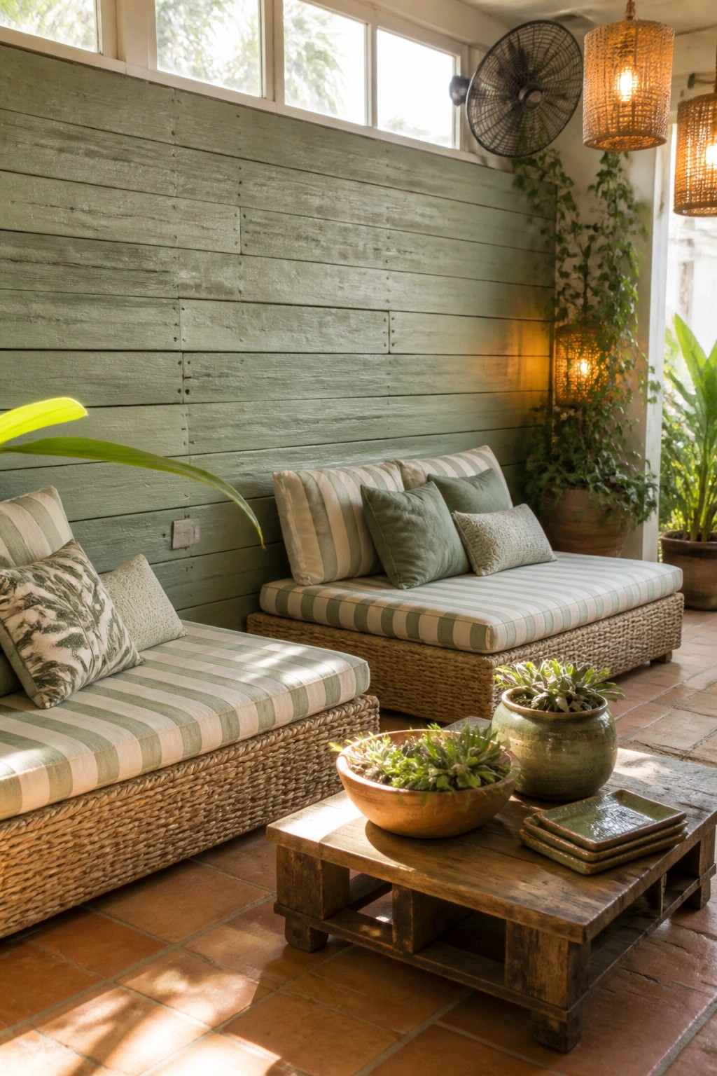 Rustic patio with green plank wall, wicker daybeds, pallet table, and lanterns.