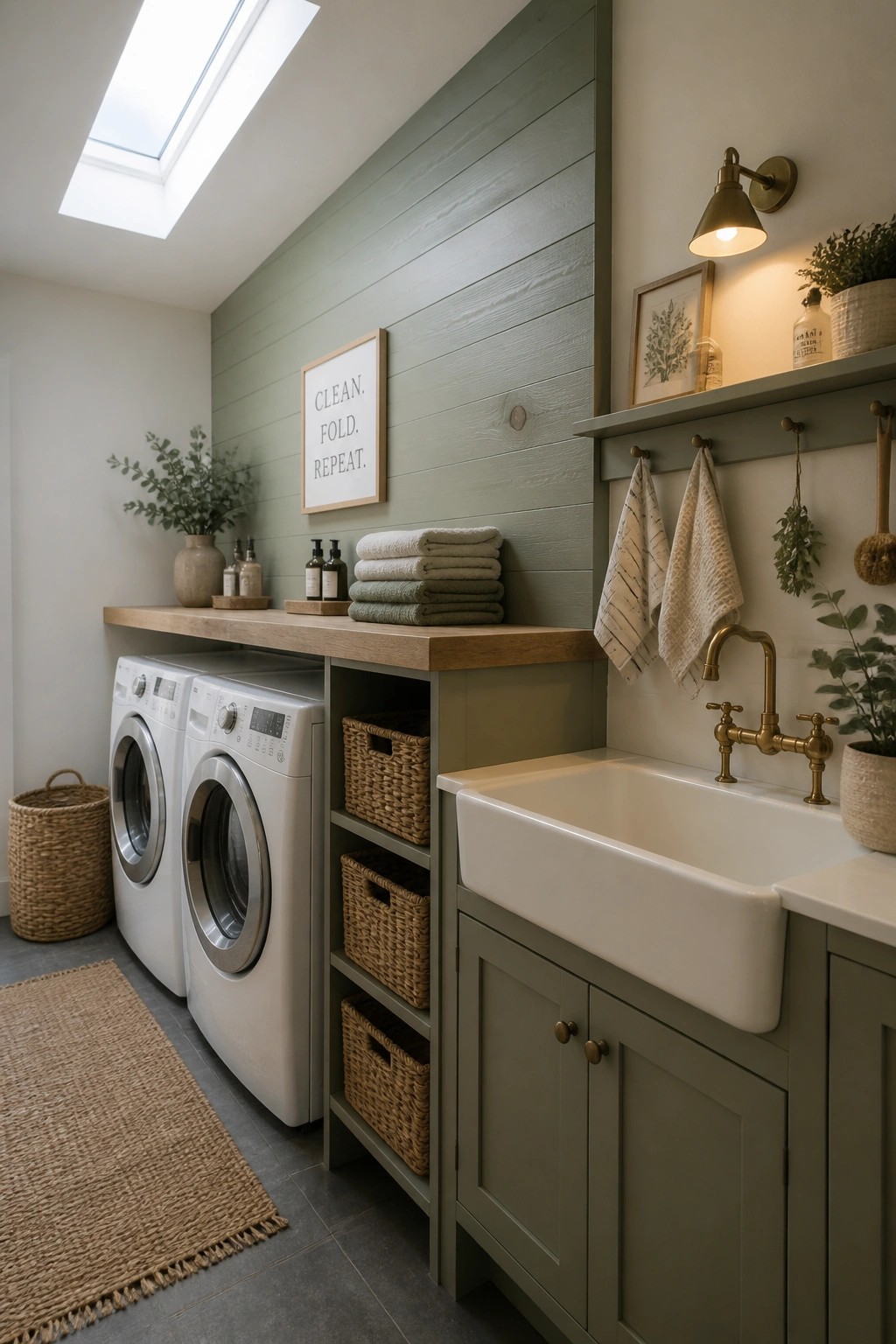 A laundry room with white washers, a white farmhouse sink, green painted wood plank walls, woven baskets on shelves, and a wooden countertop ledge.