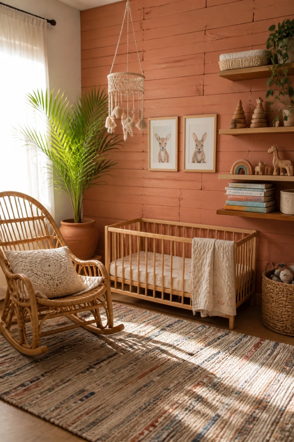 A nursery interior with horizontal wood planks painted terracotta on the main wall, a wooden crib, woven rocking chair, floating shelves, and a large potted palm near a window.