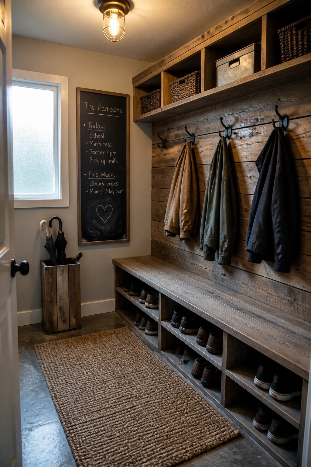 A mudroom interior showing a reclaimed pallet wood wall with black hooks holding jackets above open cubbies filled with shoes, a wooden bench, and a chalkboard sign on an adjacent wall.