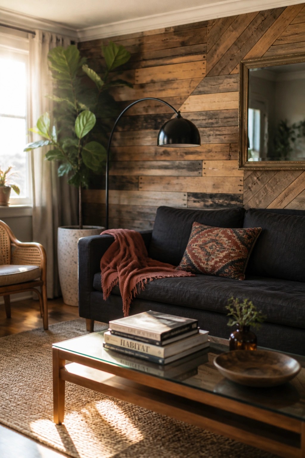 Living room with a dark sofa in front of a reclaimed wood pallet feature wall arranged in mixed horizontal and angled patterns.