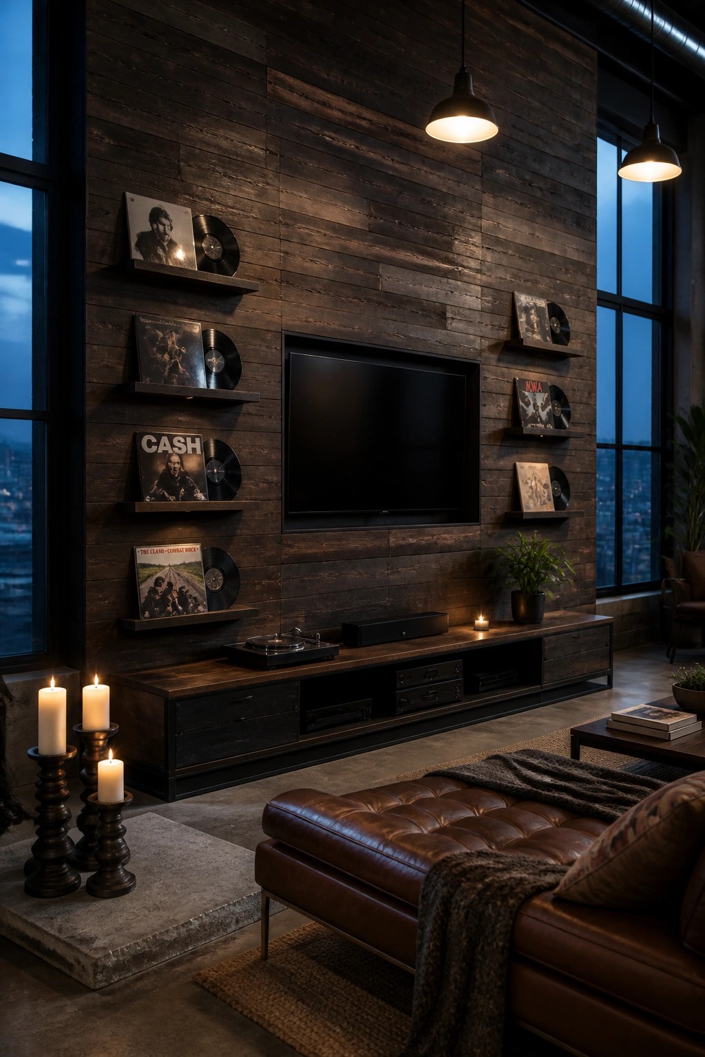 A living room with a dark reclaimed wood plank accent wall holding floating shelves with vinyl records, a mounted television, and a long wooden media console below.