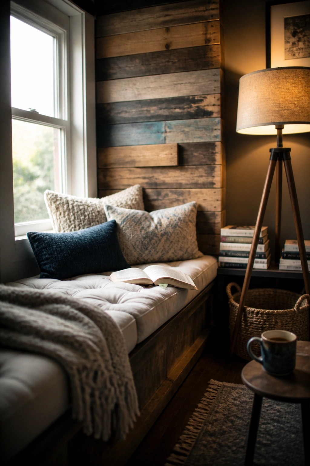 A cozy indoor window seat with a reclaimed wood pallet wall behind it, white cushions, pillows, an open book, and a floor lamp to the right.