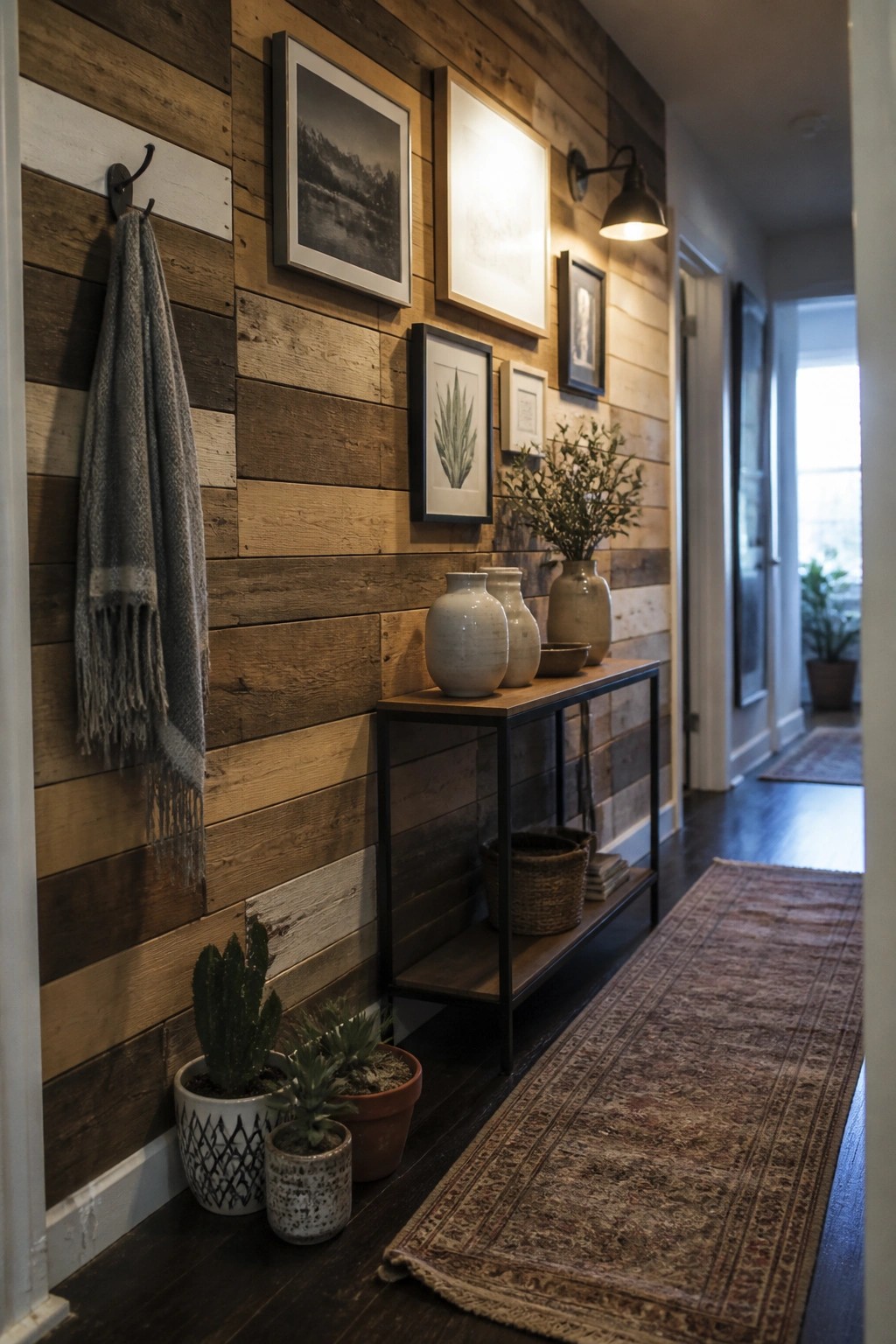 A hallway interior with a feature wall of horizontal reclaimed wood planks, a console table with vases, framed art on the wall, and potted plants on the floor.