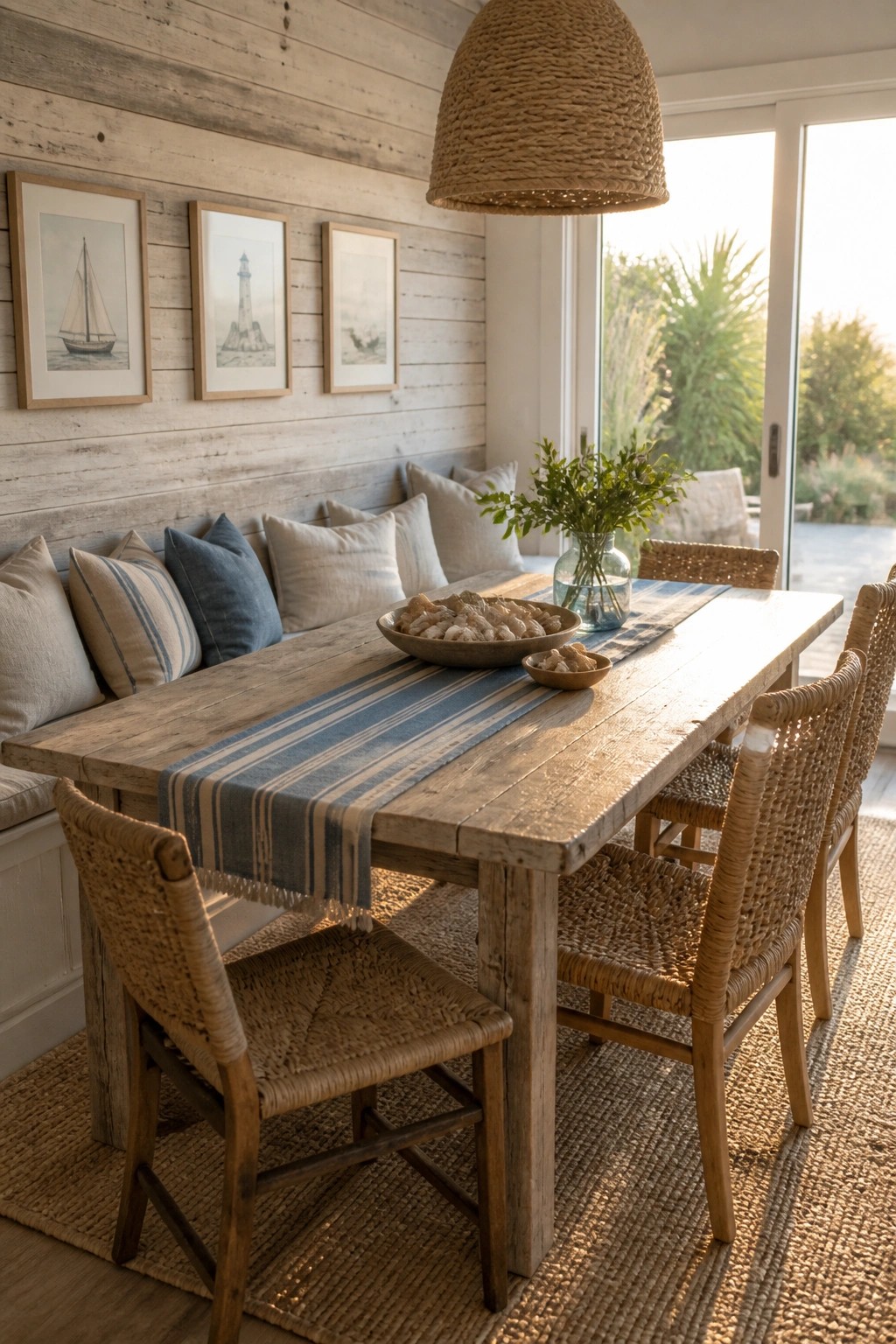 A dining table with woven chairs and a built-in bench sits against a light horizontal wood plank wall hung with three framed prints.