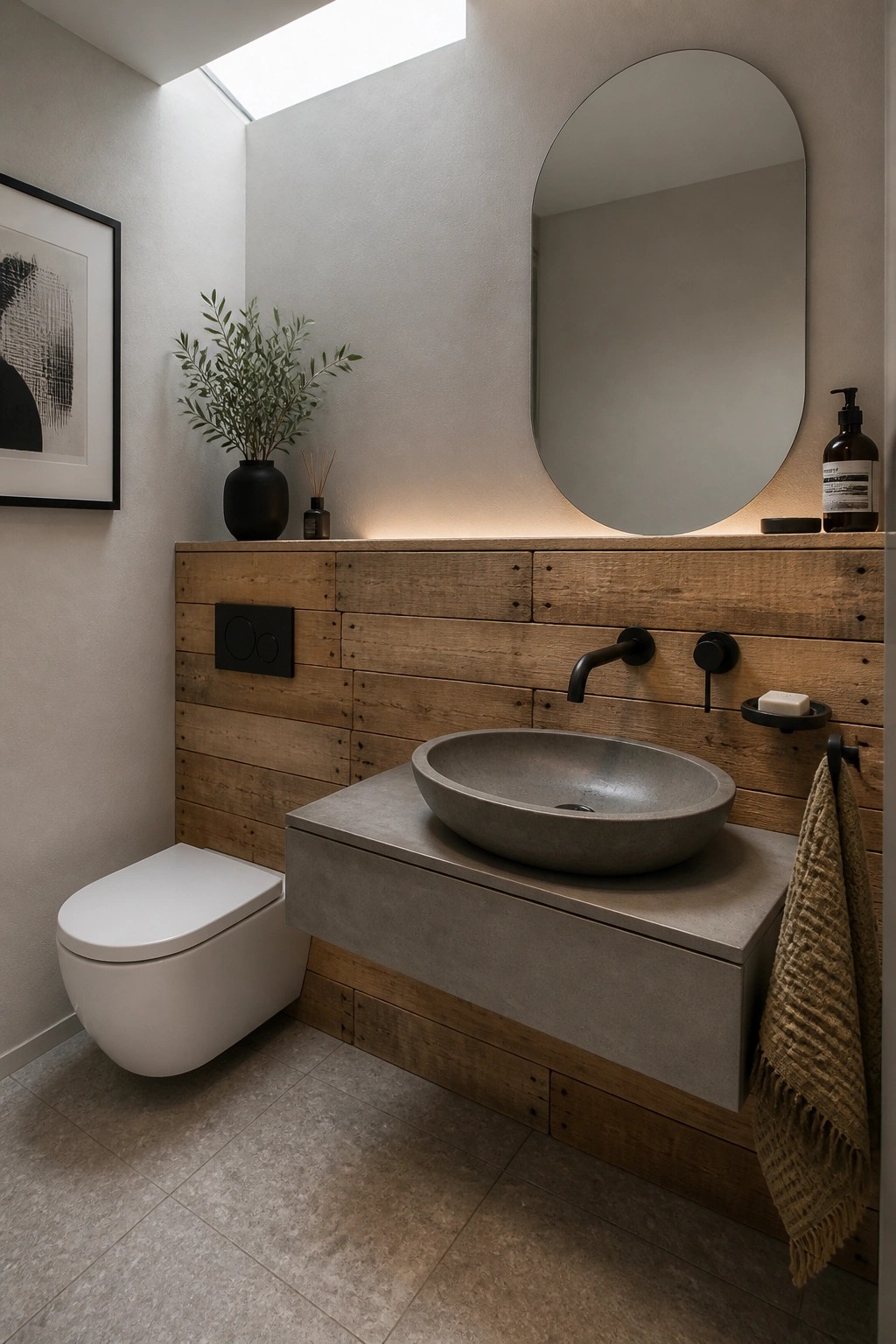 A modern bathroom with a horizontal reclaimed wood plank wall behind a floating concrete vanity and round mirror.