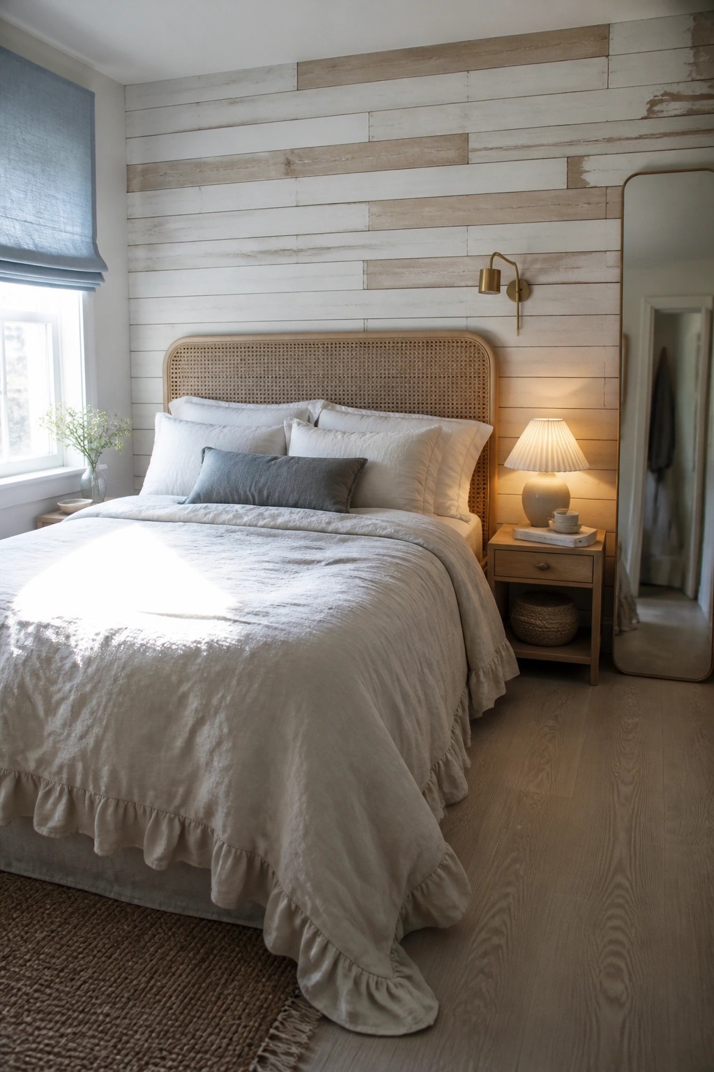 A bedroom featuring a whitewashed horizontal wood plank accent wall behind a bed with white bedding and a woven headboard.