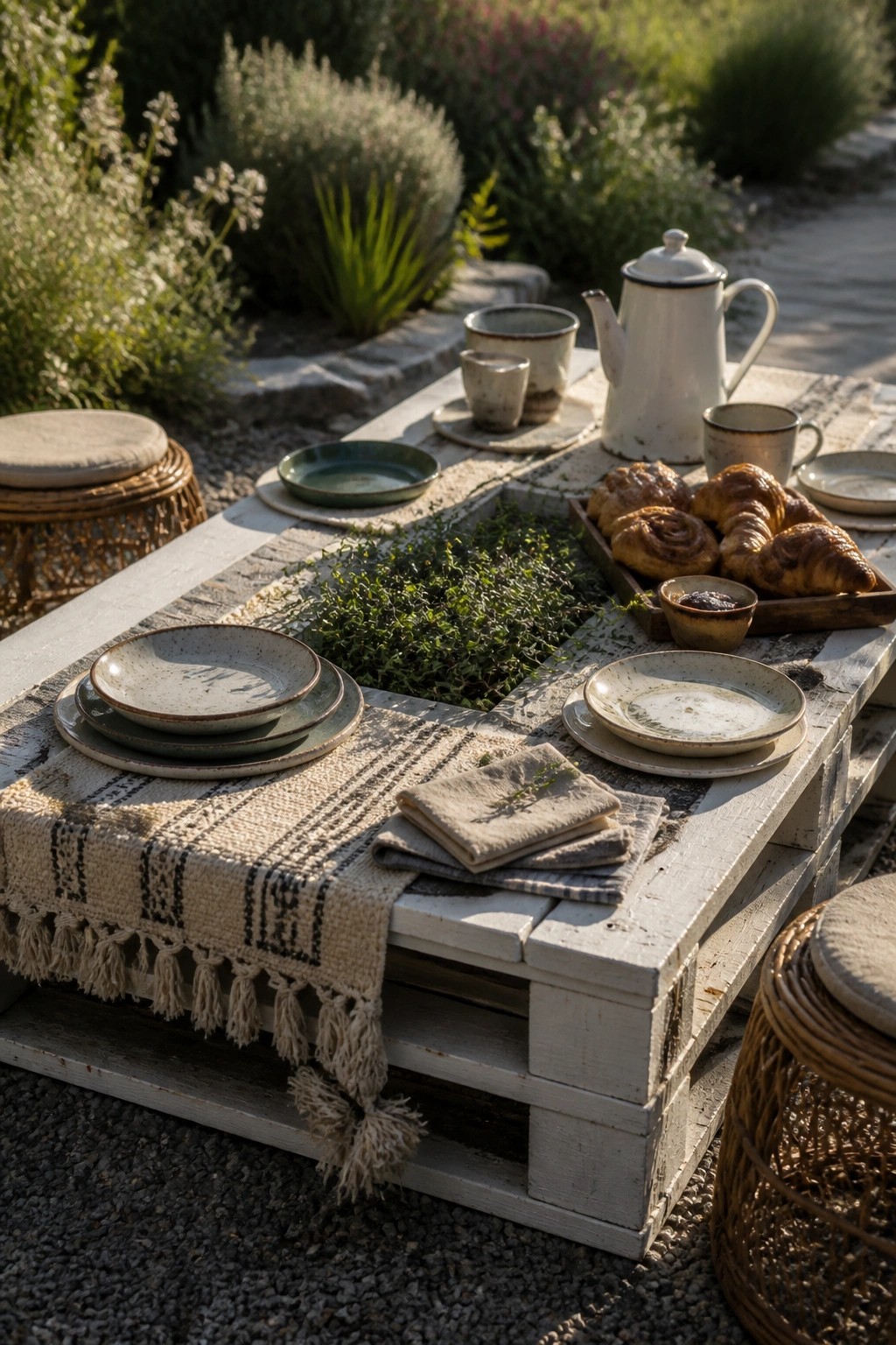 Rustic pallet table set with ceramic dishes, croissants, and teapot in garden
