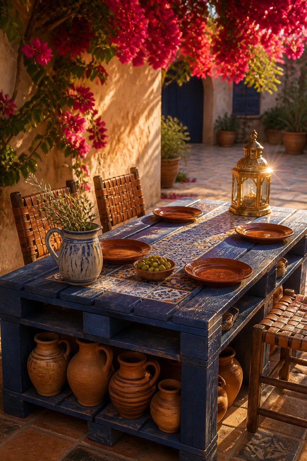 A blue wooden pallet table with a tiled top sits outdoors under pink flowers, holding brown plates and a lantern, with clay pots stored on the lower shelves.