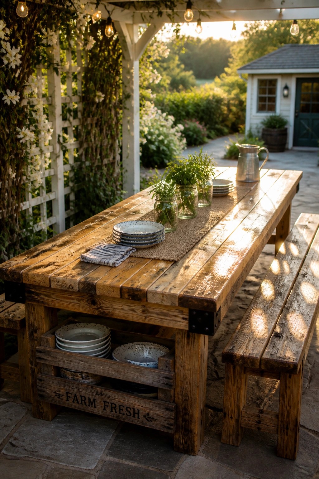 Rustic wooden table with benches, plates, and herb jars on sunny patio
