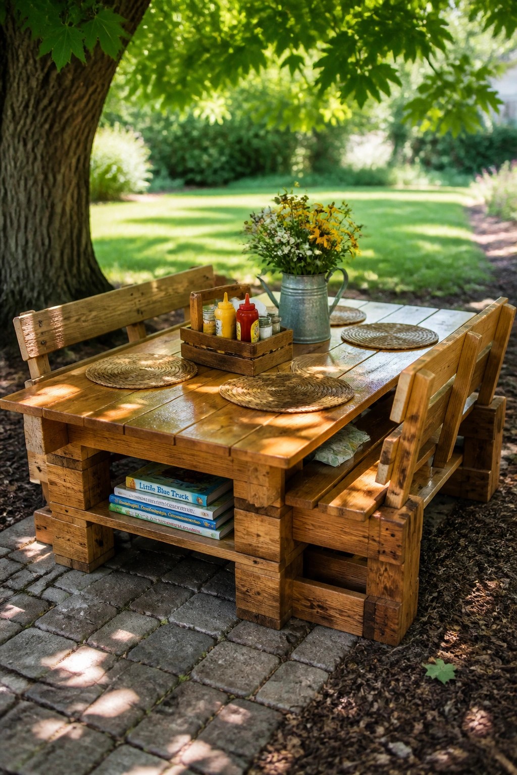 A wooden pallet outdoor dining table with attached benches on a brick patio, showing a lower shelf holding books and a wooden caddy with condiment bottles on the tabletop.