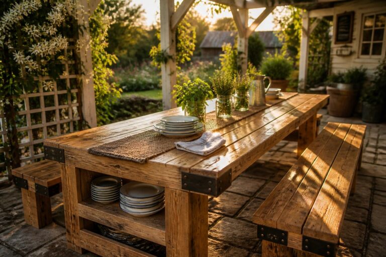 20 Functional Pallet Outdoor Table Ideas for Dining, Serving, and Weekend Entertaining Rustic wooden table with benches, plates, and herb jars on sunny patio