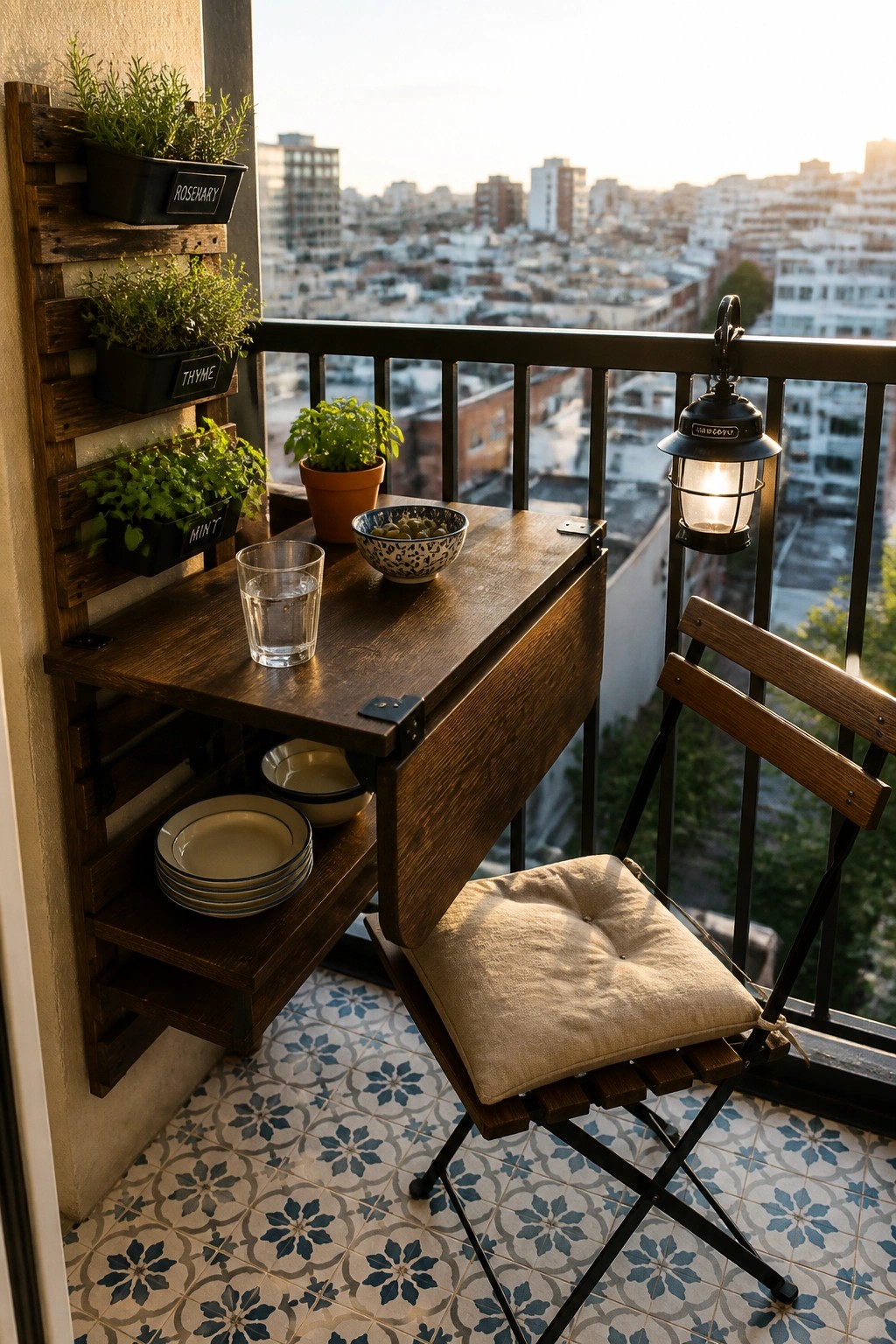 A wooden fold-down table attached to a balcony wall with potted herbs, stacked plates on a lower shelf, a lantern on the railing, and a cushioned chair nearby.