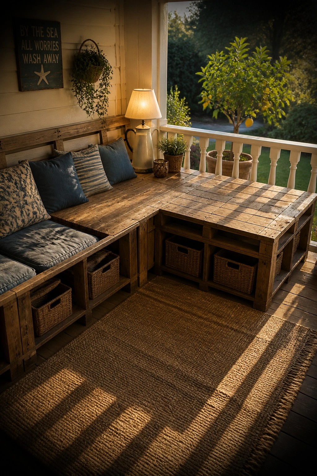 An L-shaped wooden pallet bench and table on a porch with blue cushions, storage baskets below, a lamp, and a woven rug.