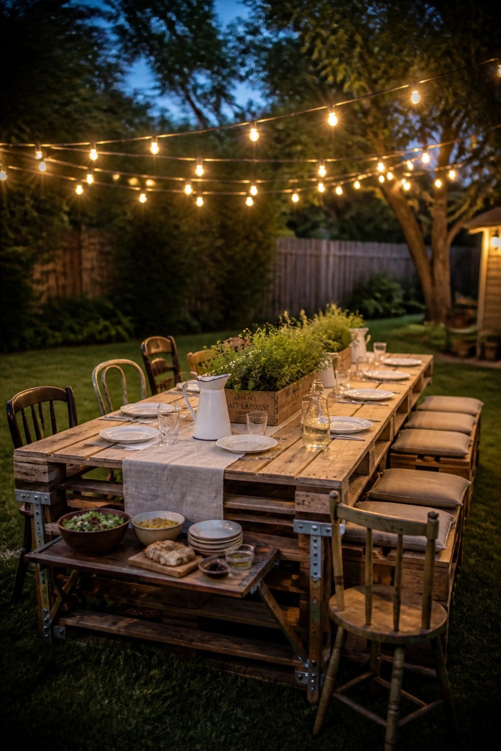 A long wooden pallet table set for dining outdoors on a lawn with string lights overhead, mixed chairs, and dishes arranged along the center.