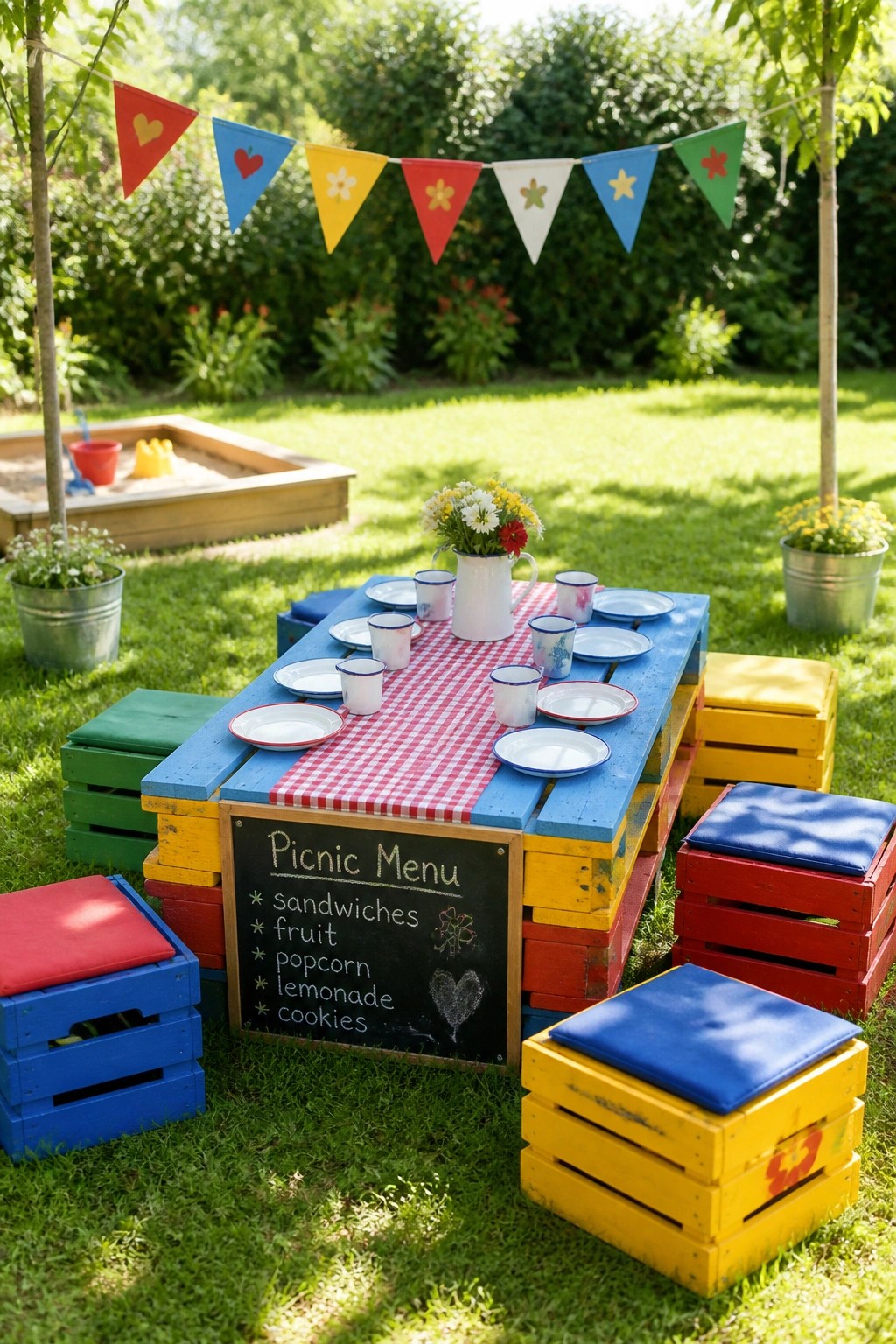 A blue painted pallet table with red checkered cloth and colorful crate stools arranged on grass in a backyard.