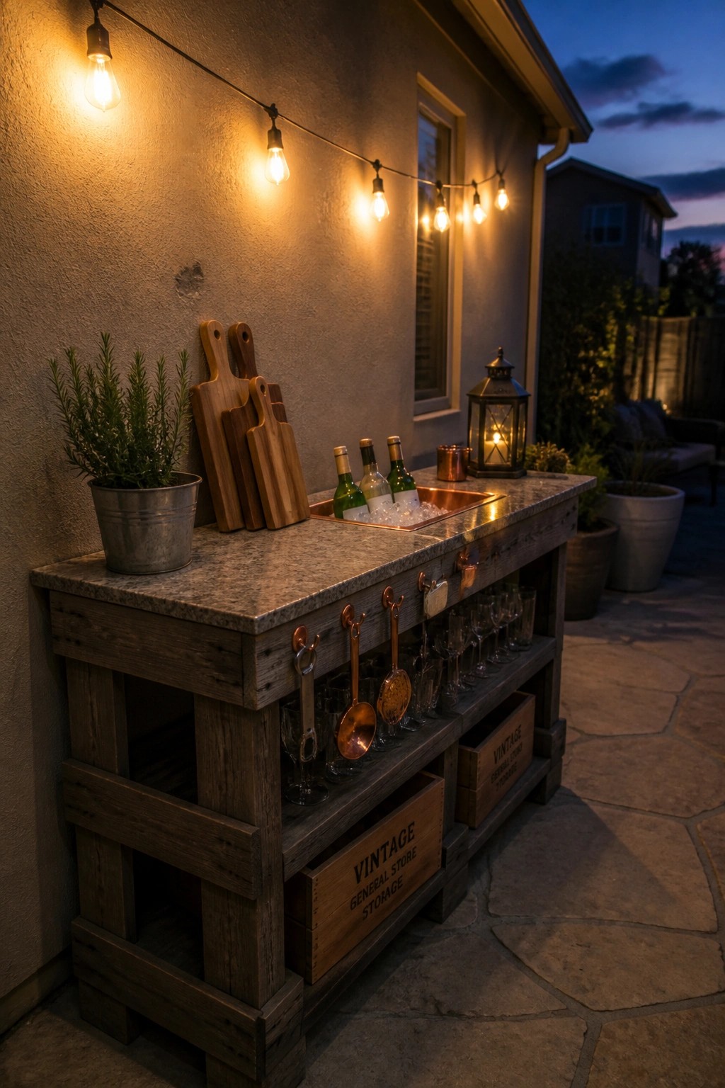 Rustic wooden outdoor bar with copper sink, wine bottles, glasses, and string lights at dusk.