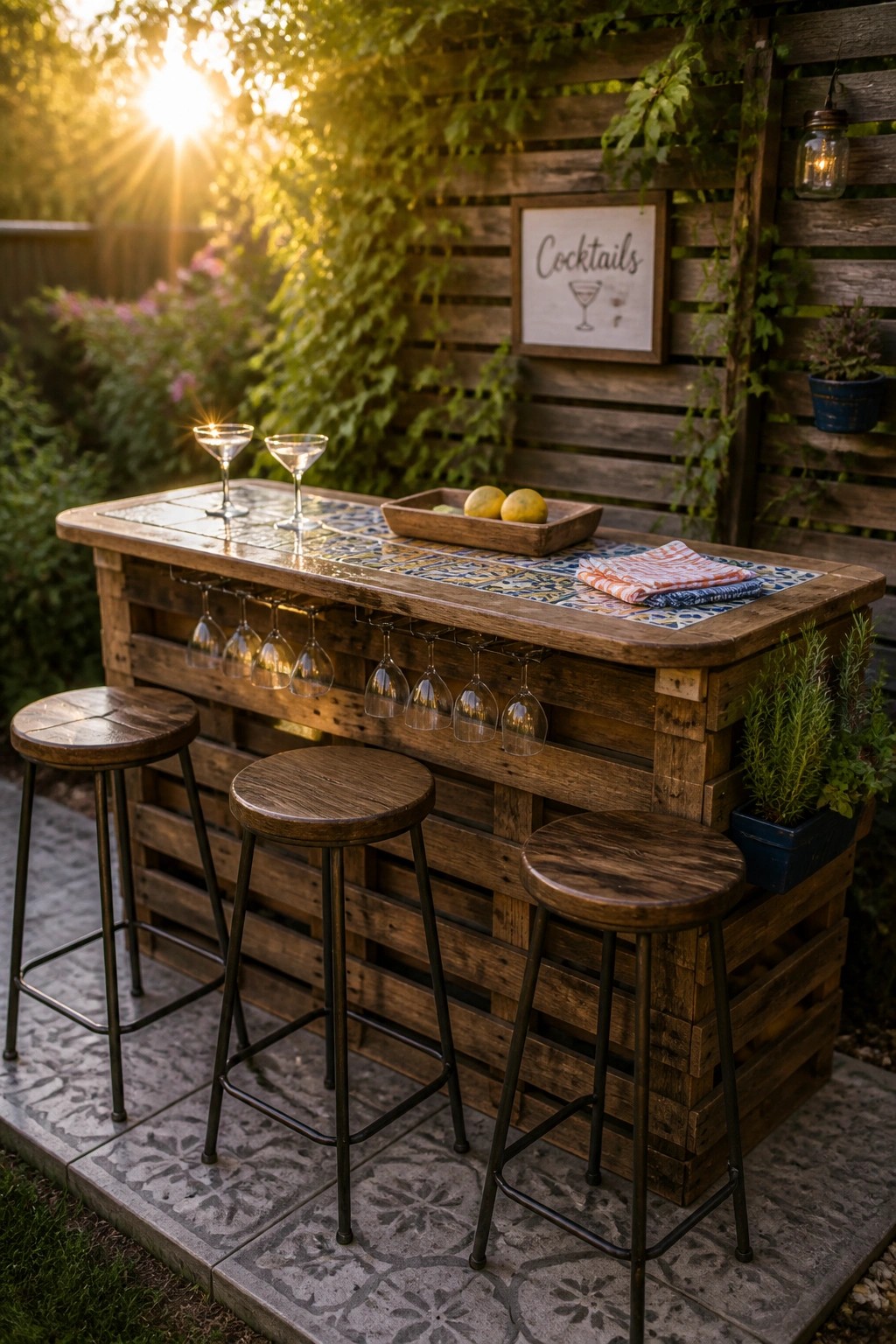 A wooden pallet bar with a tiled top, hanging glasses underneath, three round stools, and a cocktails sign on the fence behind it.