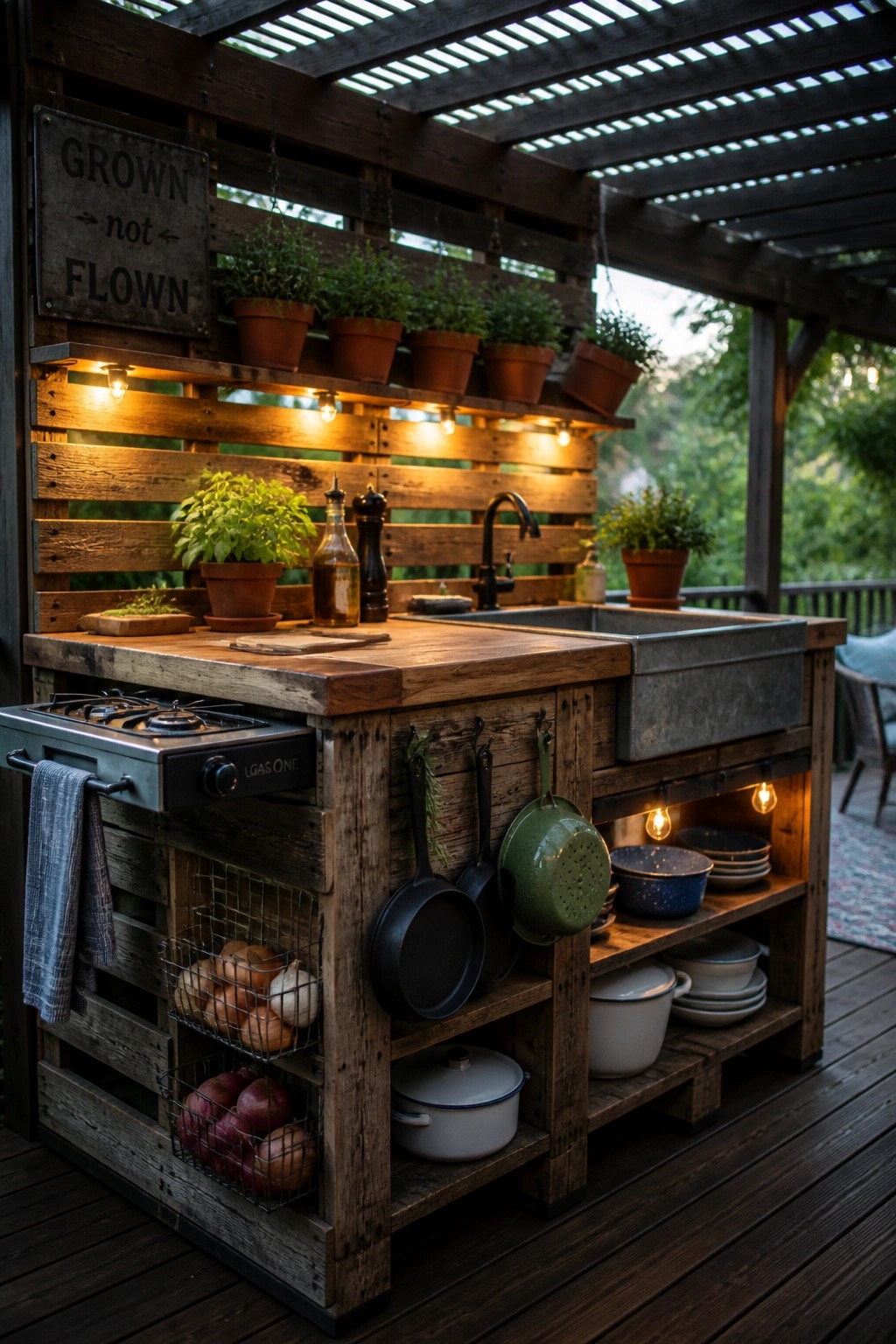 A rustic wooden pallet outdoor kitchen island featuring a metal sink, gas stove, hanging cookware, and wire baskets of vegetables on a deck.
