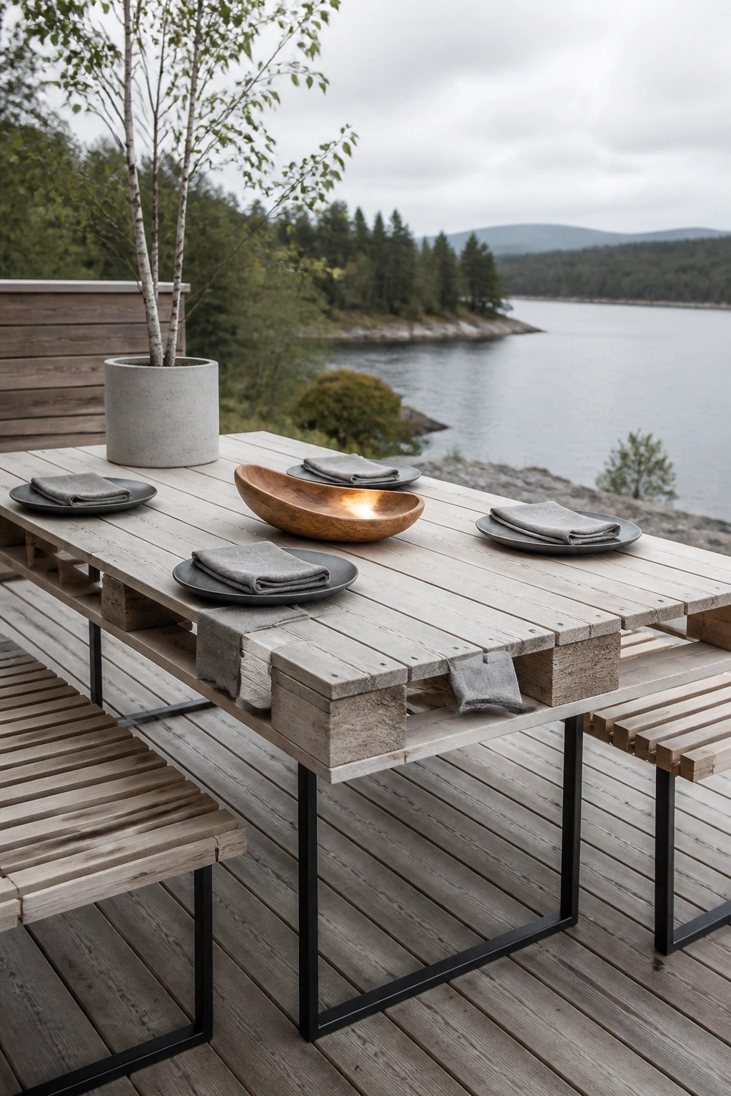 A reclaimed wood pallet table with metal legs set for dining on a wooden deck beside a lake.