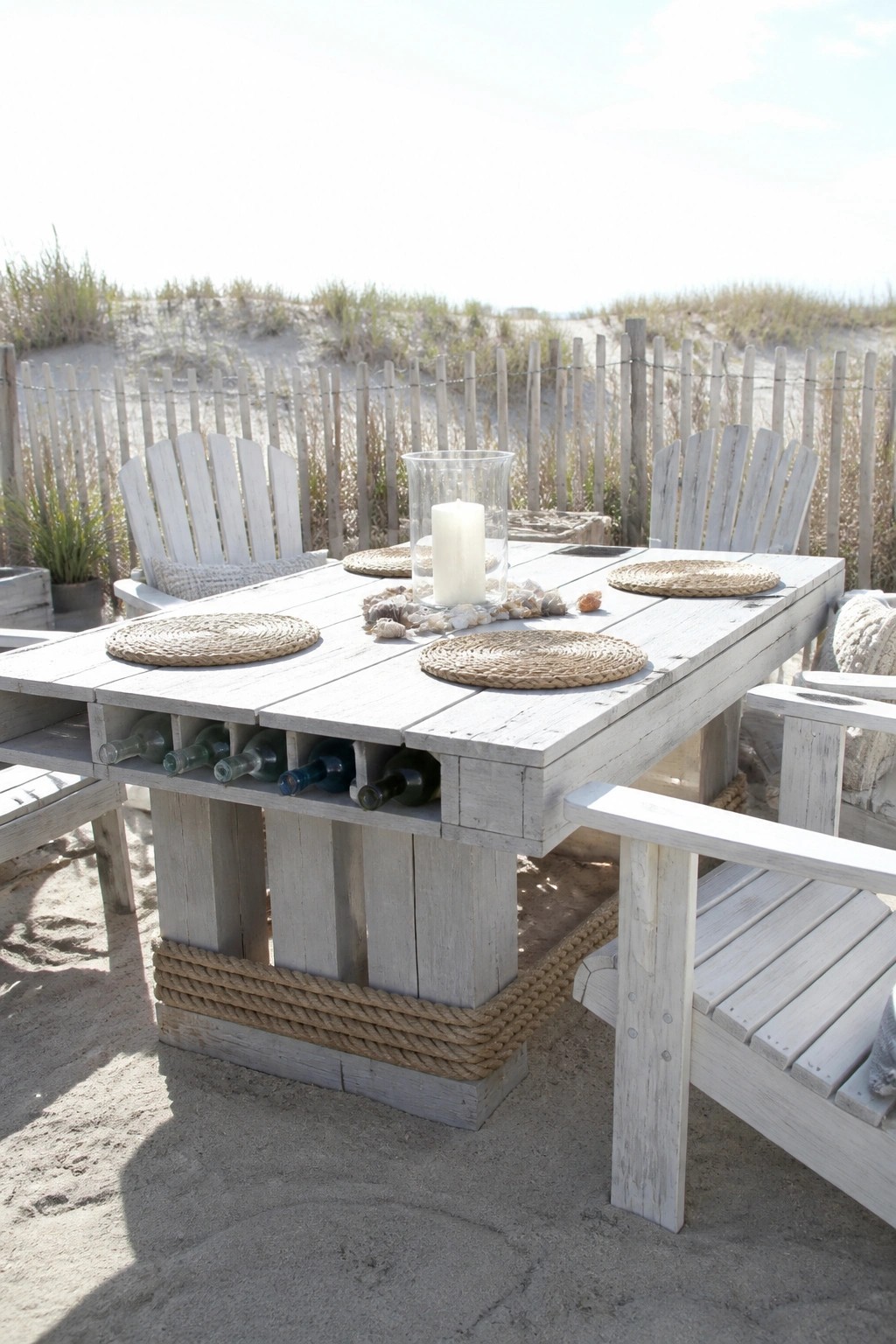 A whitewashed wooden pallet table with wine bottles stored in side slots, placed on sand with woven placemats and white Adirondack chairs nearby.
