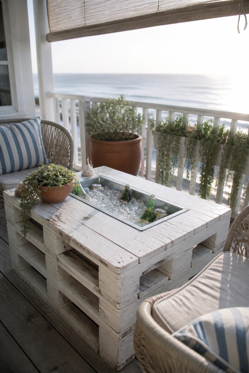 A whitewashed pallet table on a porch has a metal tray set into the top filled with ice and several glass bottles.