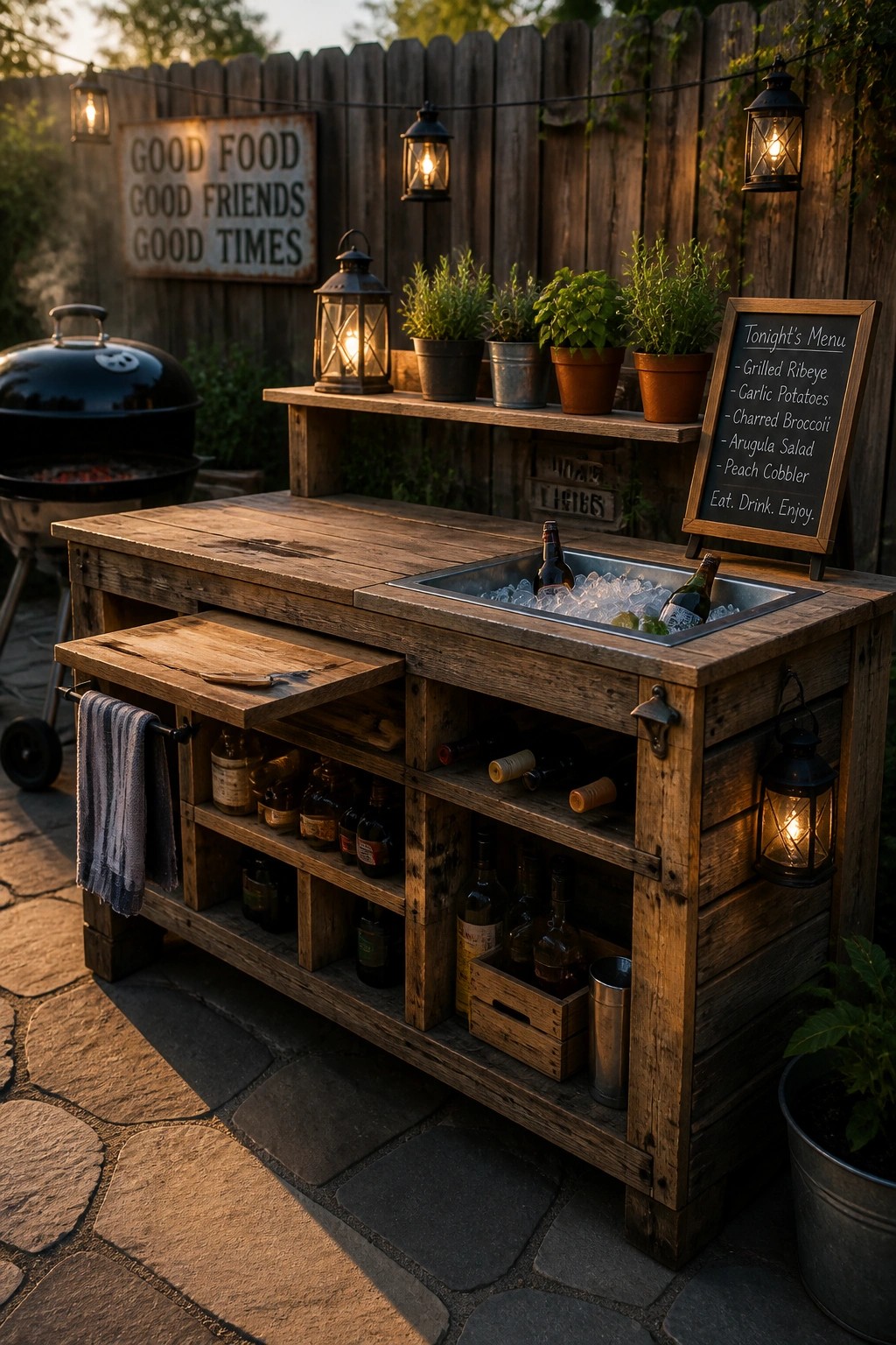 A rustic wooden pallet outdoor table featuring a built-in metal ice bin filled with bottles, open shelving below stocked with more bottles, and a chalkboard menu standing on the surface.
