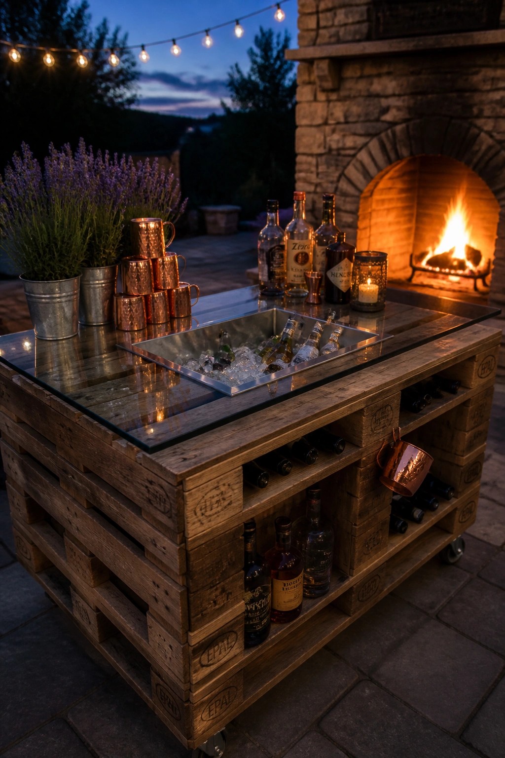 Wooden pallet table with glass top, central ice-filled metal tray holding bottles, side storage slots with more bottles, copper mugs, and a lit stone fireplace in the background at dusk.