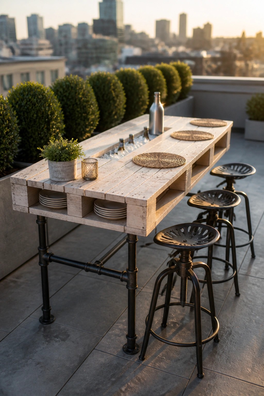 A long wooden pallet table on a rooftop terrace features a central ice trough filled with bottles, woven placemats, a small potted plant, stacked plates in side compartments, and several black metal stools beside it.