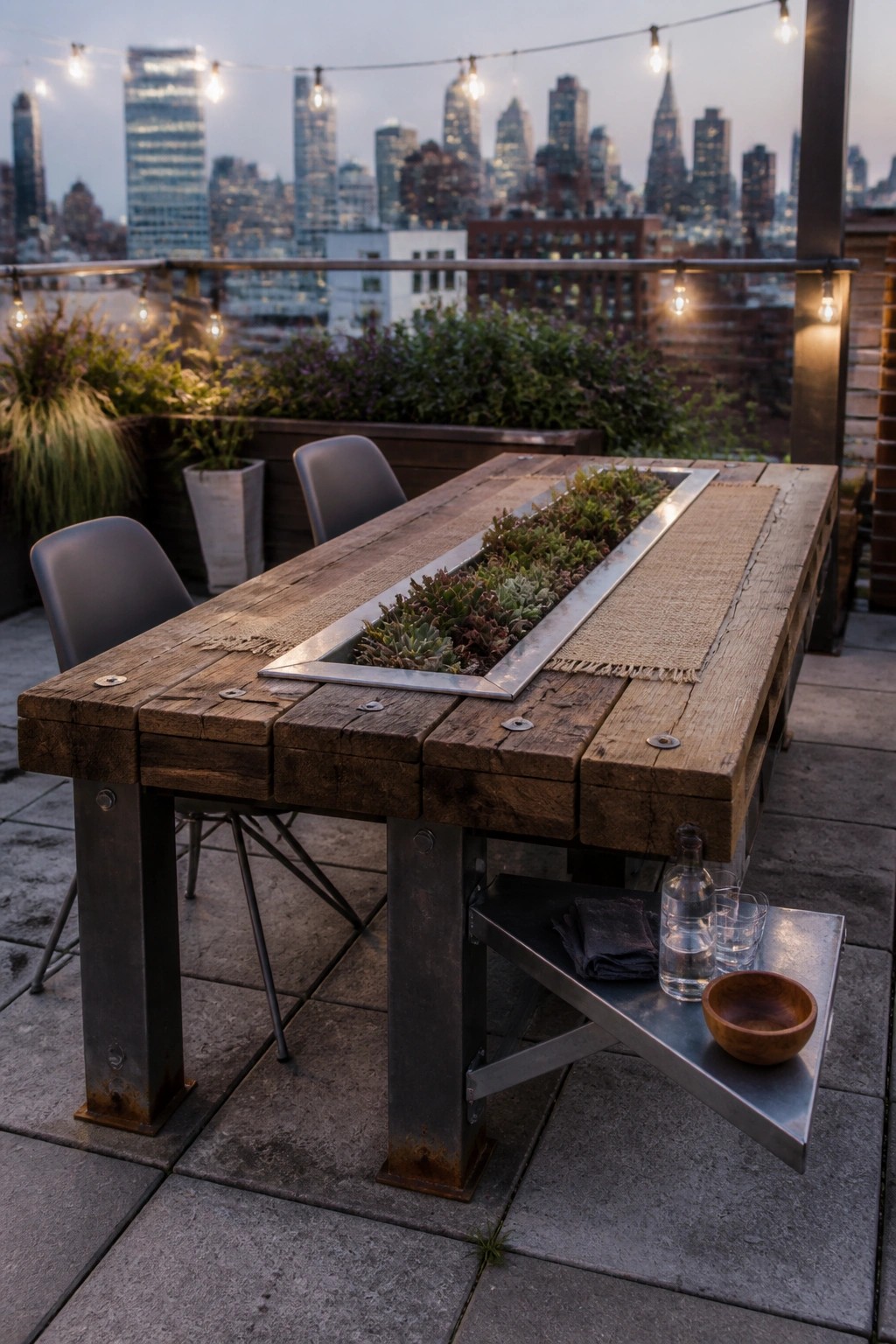A reclaimed wood outdoor table with a long metal-lined planter filled with succulents sits on a paved rooftop terrace with chairs and a city skyline behind it.