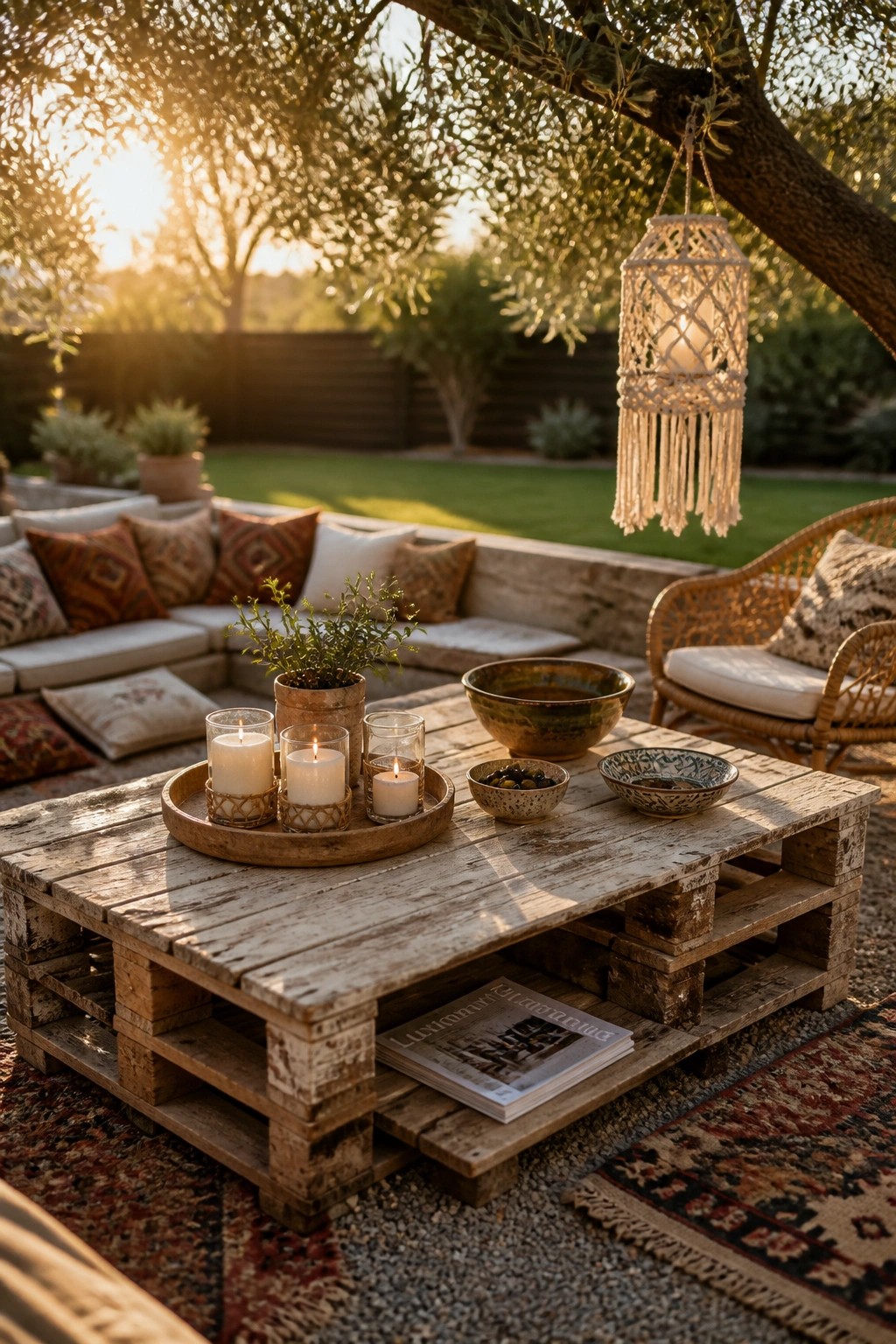 A weathered wooden pallet table on an outdoor patio holds candles and bowls on top with a magazine stored underneath, surrounded by seating cushions and a hanging lantern.