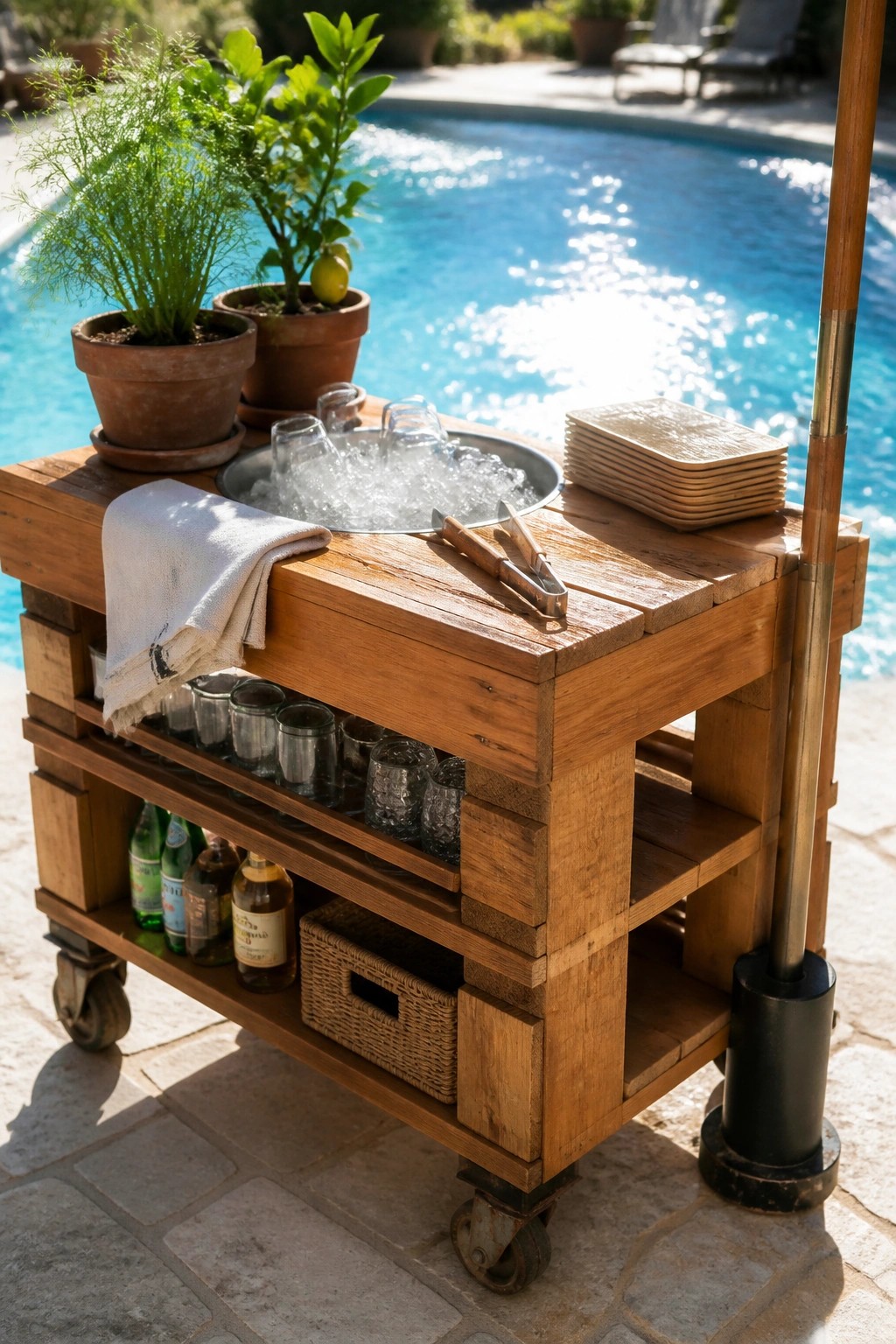 A wooden pallet cart with wheels holds an ice bucket, glasses, bottles, and potted plants next to a swimming pool.
